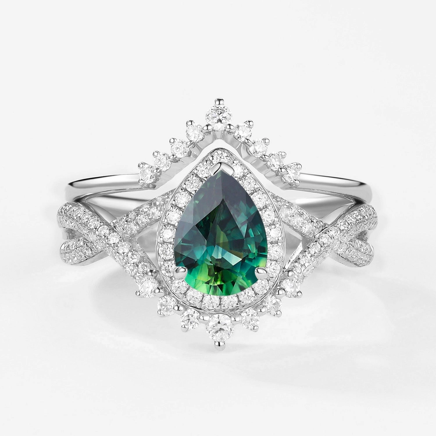 Pear Shaped Teal Sapphire Halo Infinity Ring Set 2pcs - Valentina Classic Design Sophisticated Element