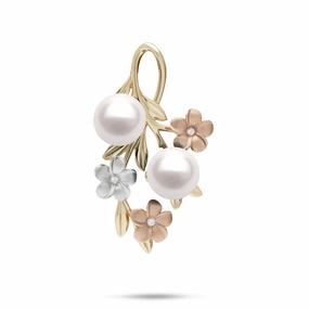 Pearls in Bloom Plumeria Akoya White Pearl Pendant in Tri Color Gold with Diamonds - 36mm Subtle Fit