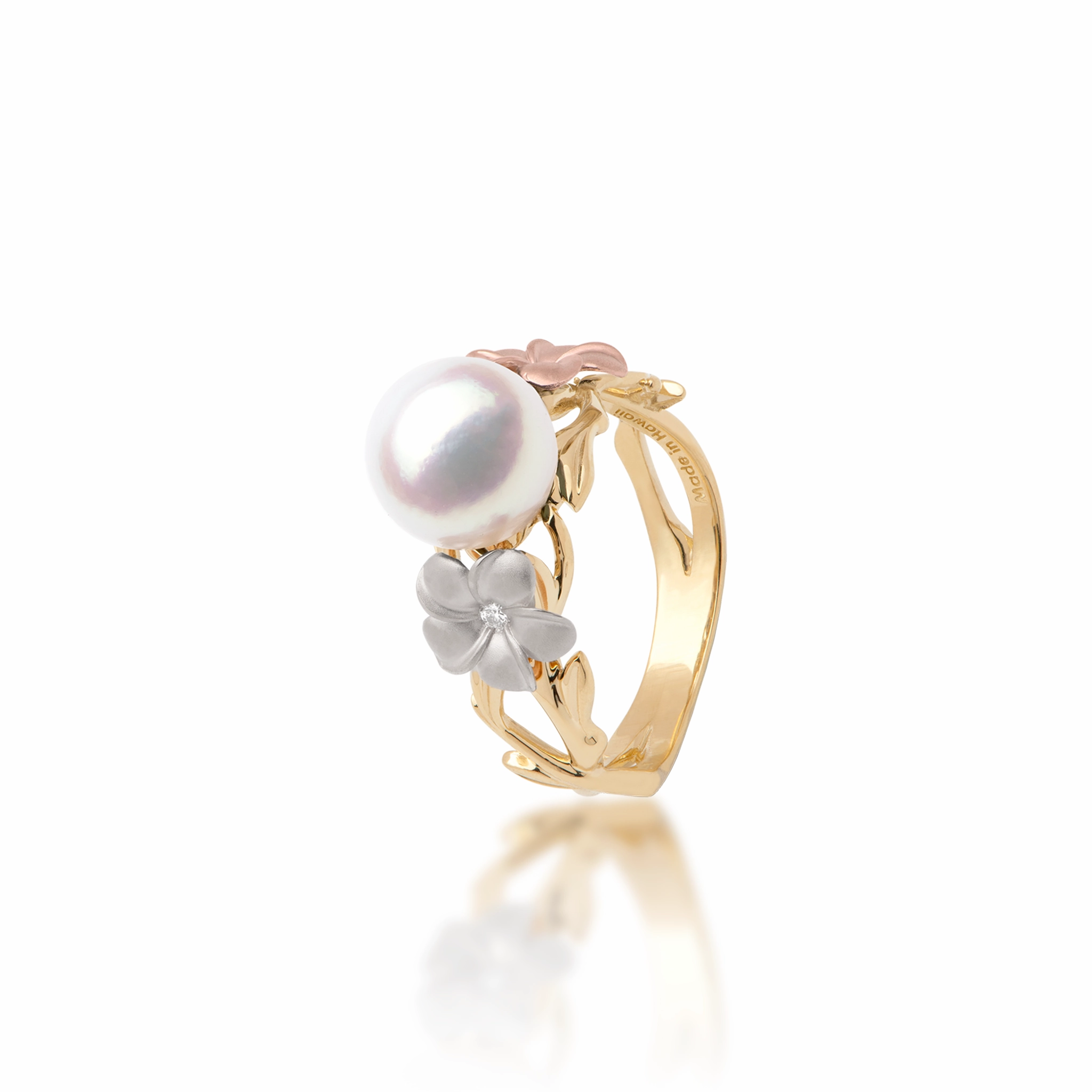Pearls in Bloom Plumeria Akoya White Pearl Ring in Tri Color Gold with Diamonds - 8mm Signature Finish