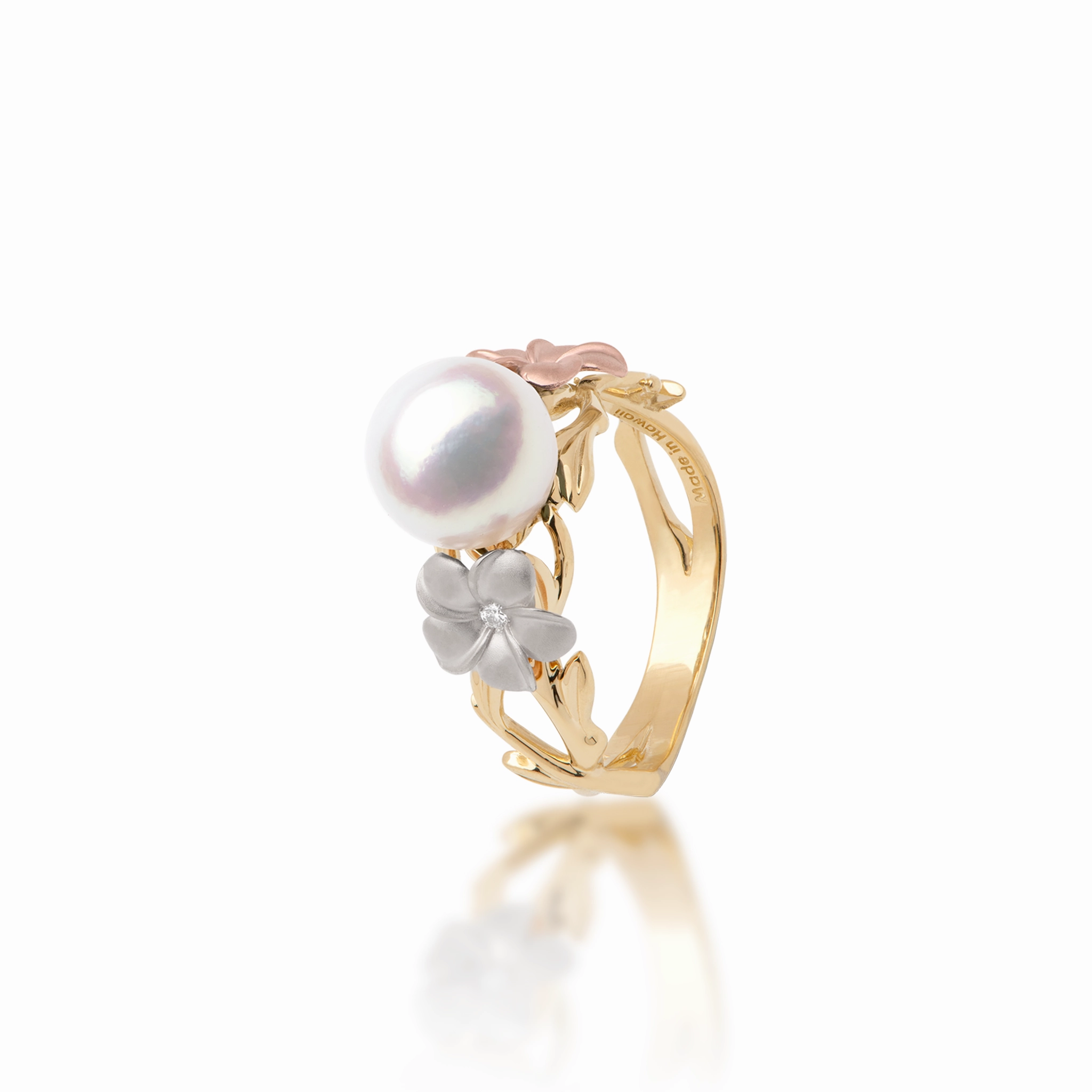 Pearls in Bloom Plumeria Akoya White Pearl Ring in Tri Color Gold with Diamonds - 8mm Unique Style Everyday Pick