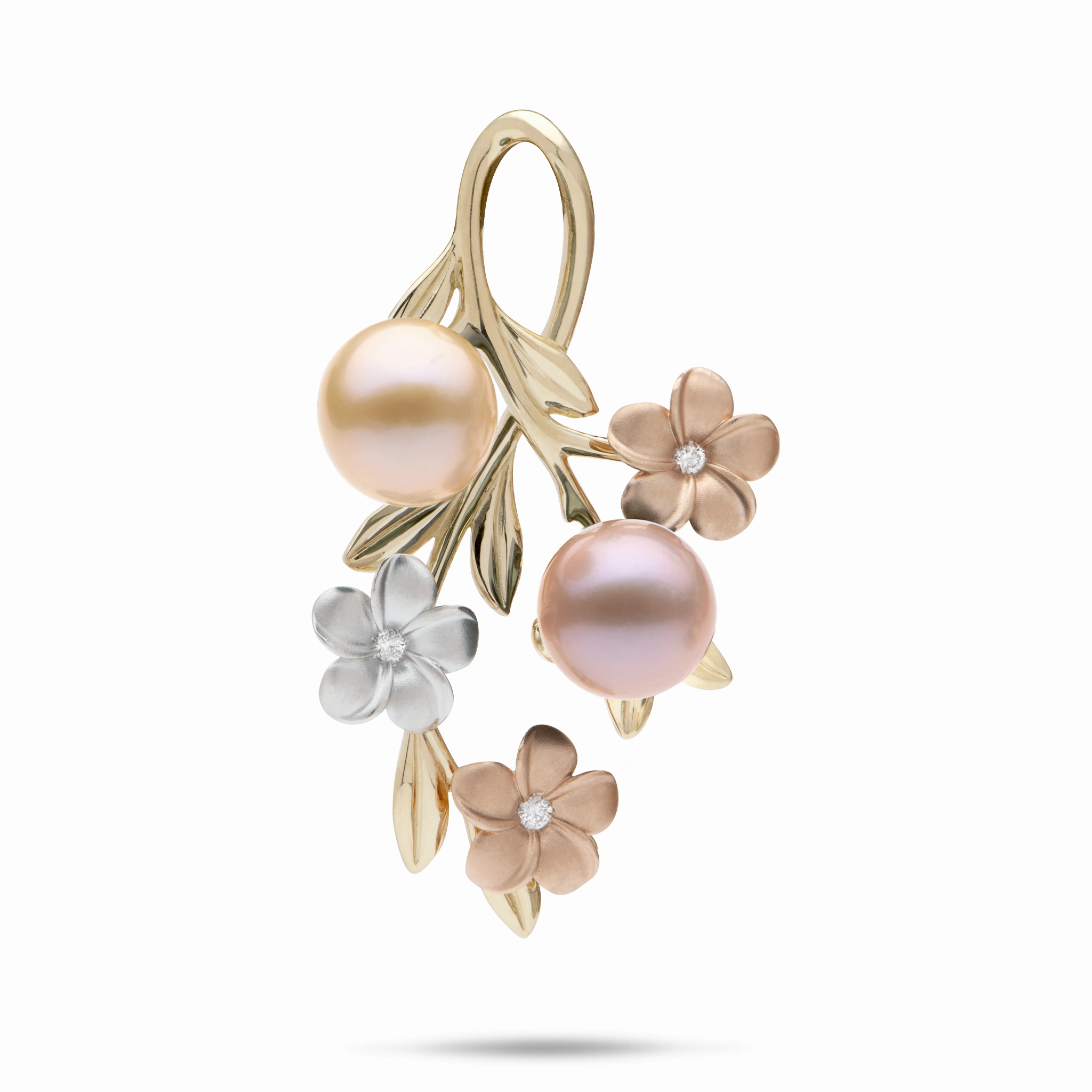 Artisan Finish Sophisticated Touch Pearls in Bloom Plumeria Freshwater Pearl Pendant in Tri Color Gold with Diamonds - 40mm