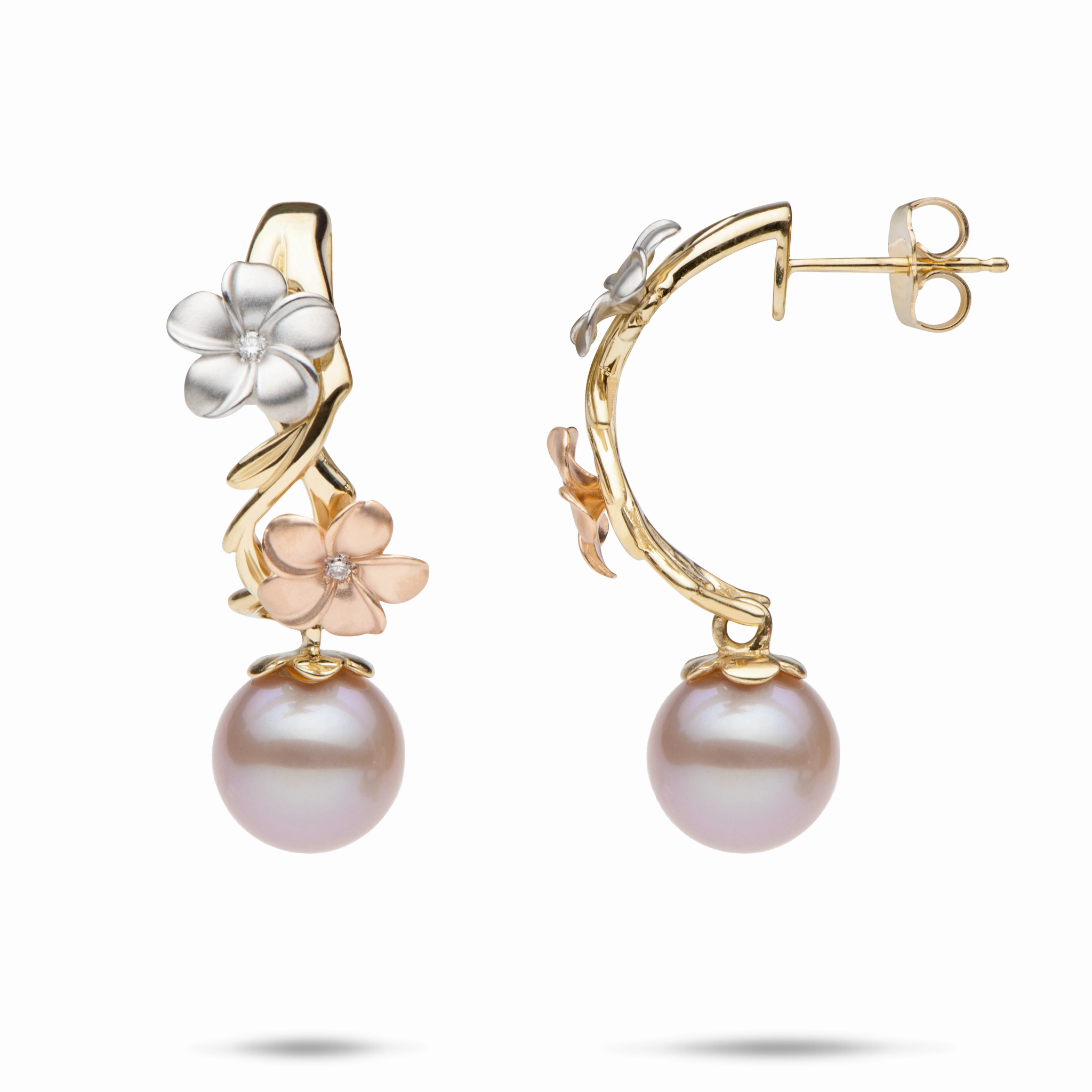 Premium Feature Pearls in Bloom Plumeria Lavender Freshwater Pearl Earrings in Tri Color Gold with Diamonds -23mm
