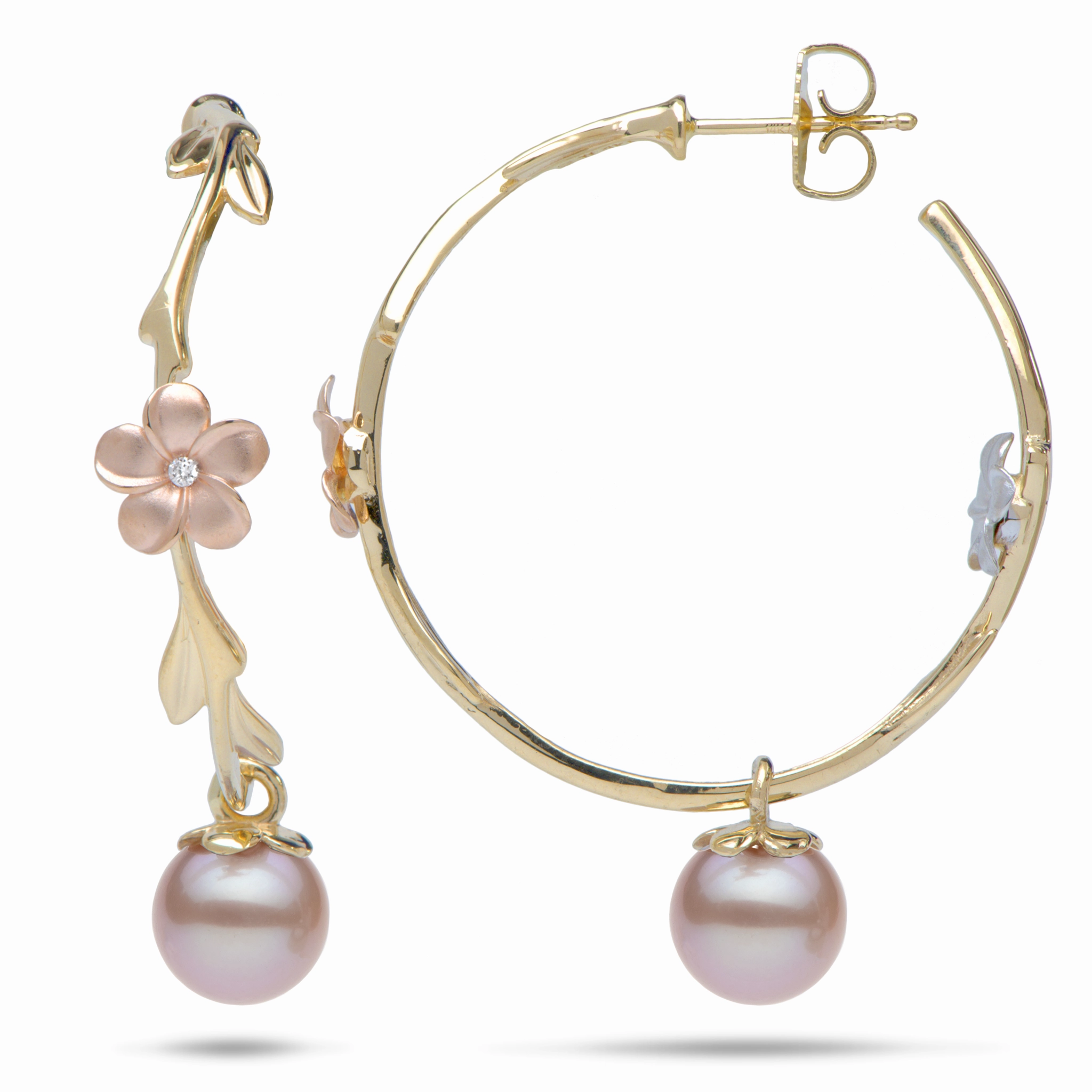 Elegant Craft Pearls in Bloom Plumeria Lavender Freshwater Pearl Earrings in Tri Color Gold with Diamonds - 33mm