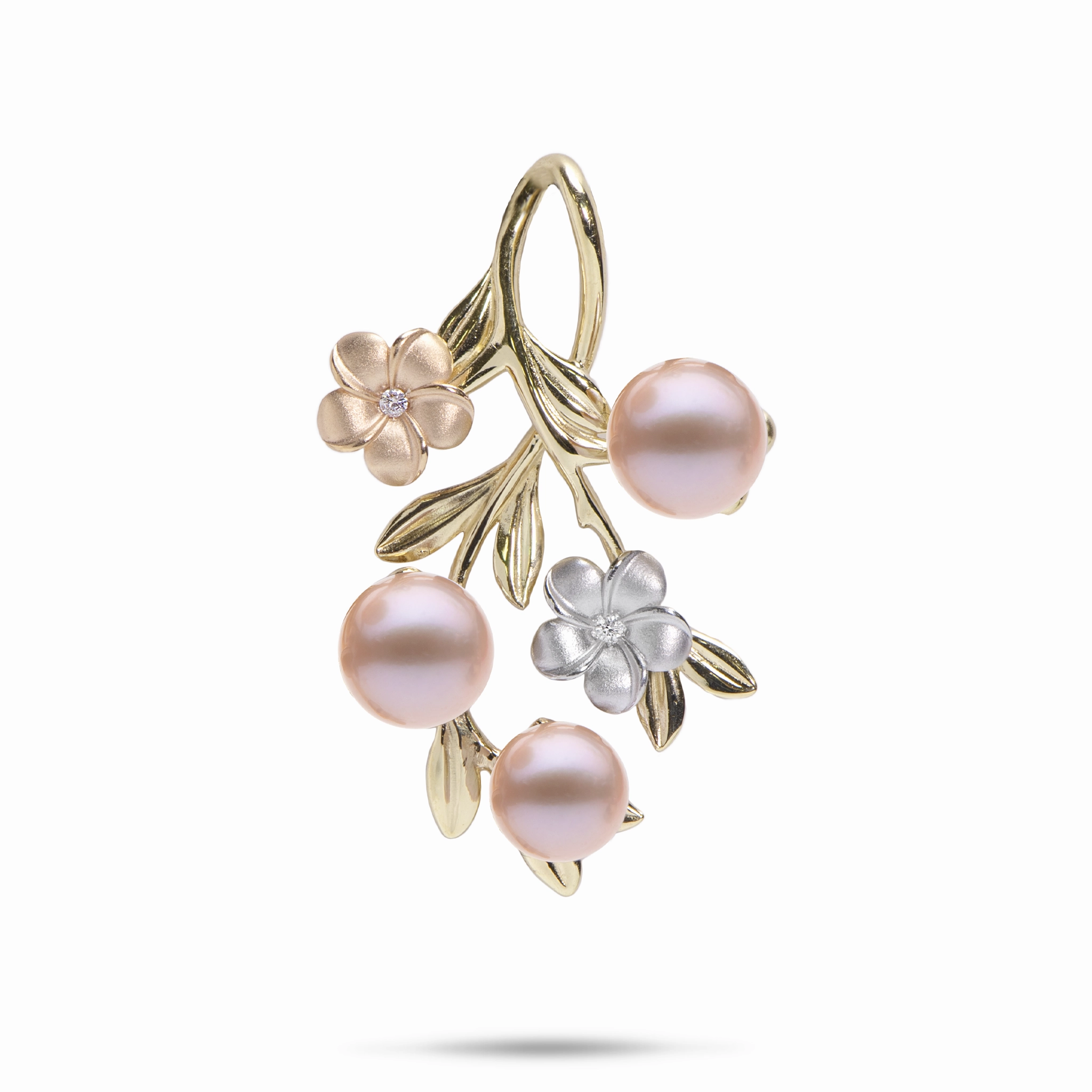 Lustrous Highlight Pearls in Bloom Plumeria Lavender Freshwater Pearl Pendant in Tri Color Gold with Diamonds - 36mm