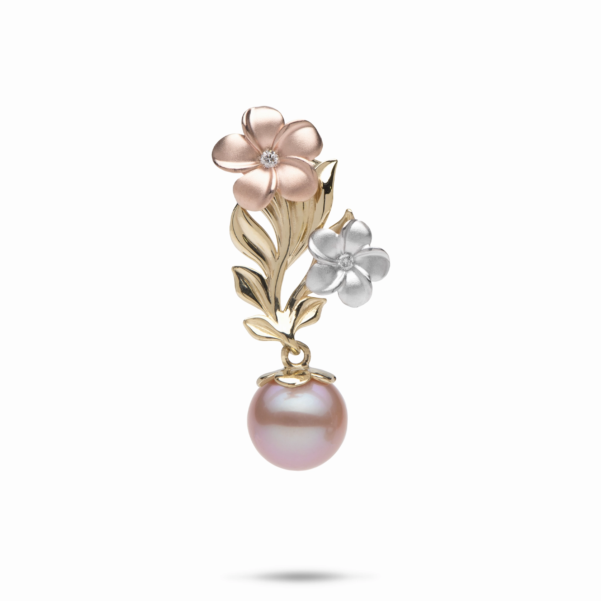 Pearls in Bloom Plumeria Lavender Freshwater Pearl Pendant in Tri Color Gold with Diamonds Crafted Accent