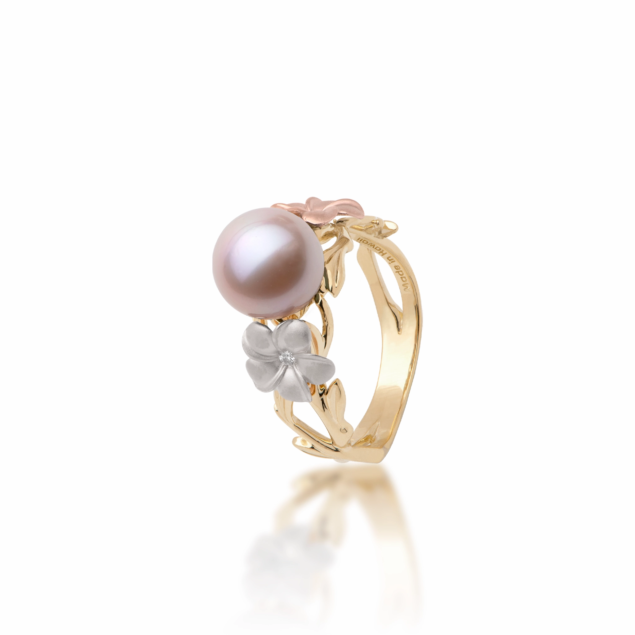 Eye-Catching Craft Radiant Radiance Pearls in Bloom Plumeria Lavender Freshwater Pearl Ring in Tri Color Gold with Diamonds - 8mm