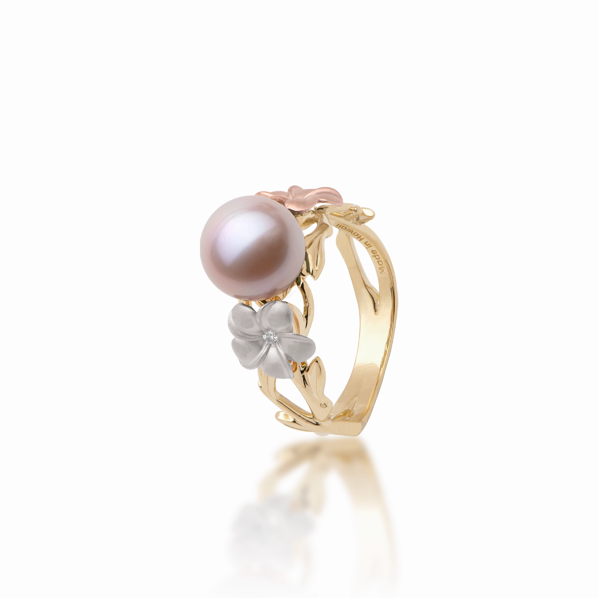 Pearls in Bloom Plumeria Lavender Freshwater Pearl Ring in Tri Color Gold with Diamonds - 8mm Highlight Feature Everyday Wear