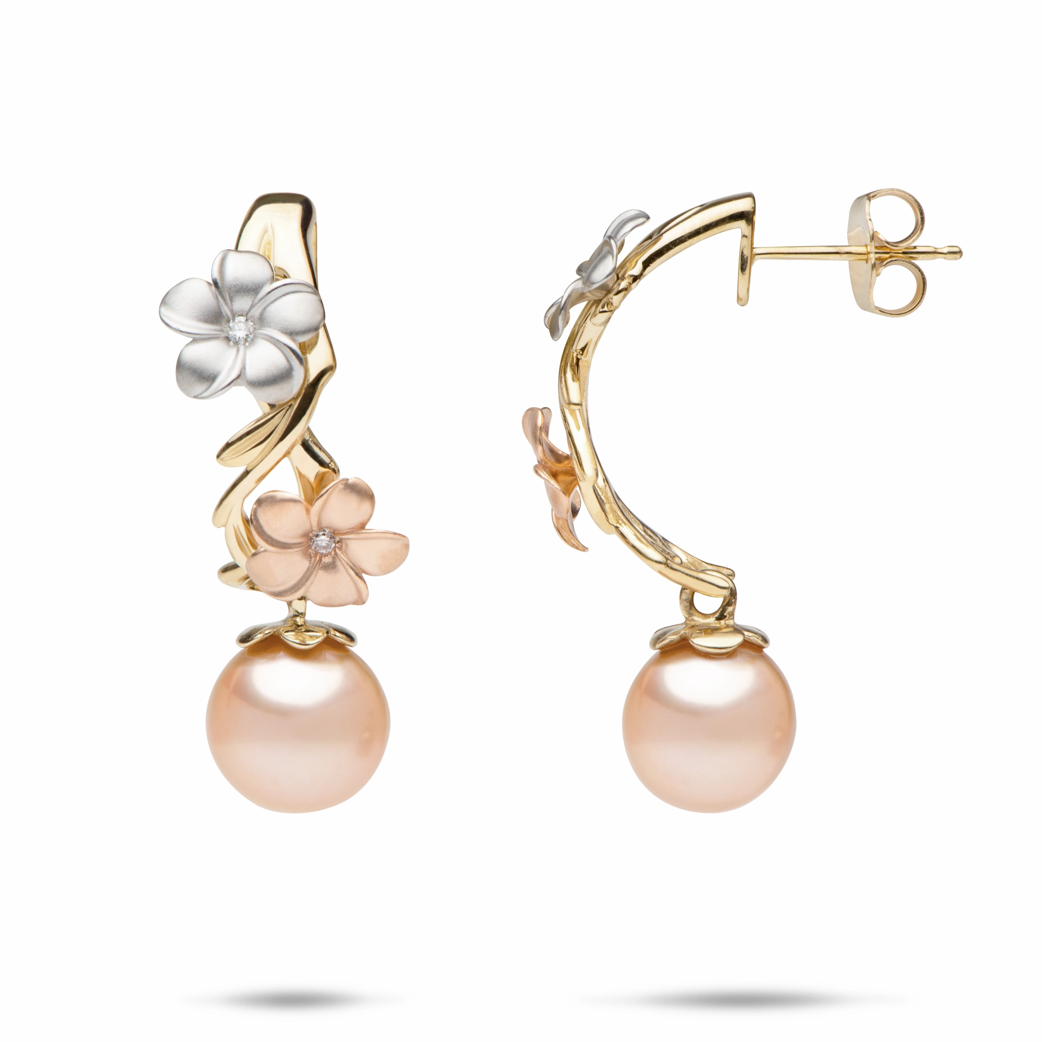 Pearls in Bloom Plumeria Peach Freshwater Pearl Earrings in Tri Color Gold with Diamonds- 20mm Classic Beauty Modern Glam