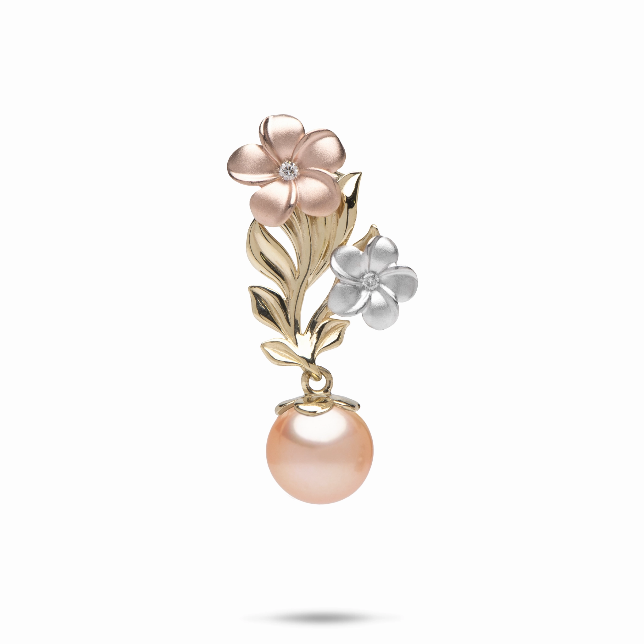 Finishing Accent Pearls in Bloom Plumeria Peach Freshwater Pearl Pendant in Tri Color Gold with Diamonds