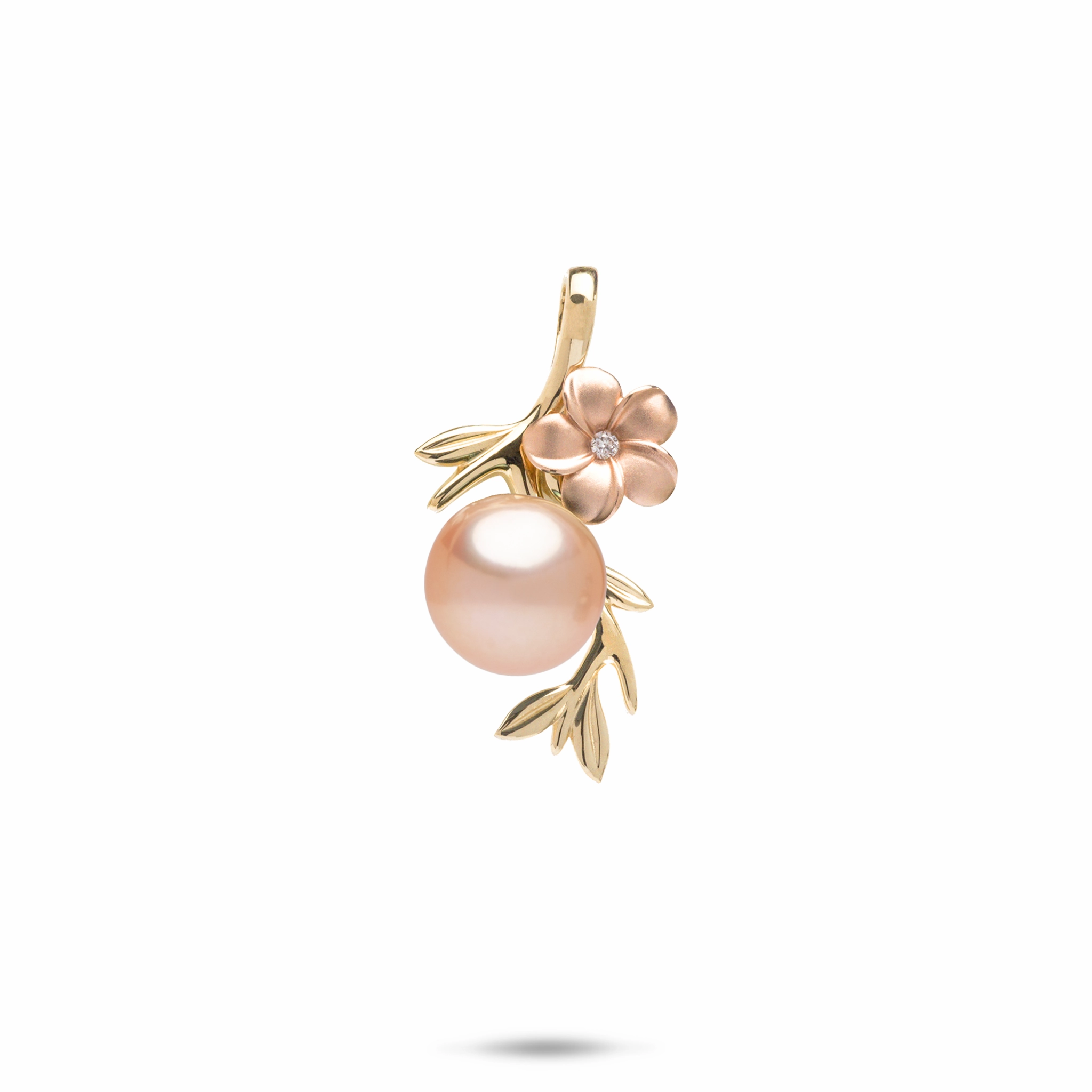 Pearls in Bloom Plumeria Peach Freshwater Pearl Pendant in Two Tone Gold with Diamonds - 8mm Subtle Pop Subtle Fit