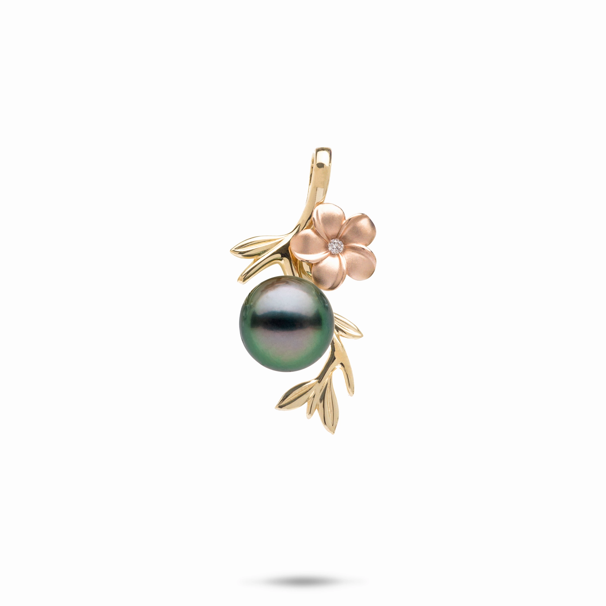 Pearls in Bloom Plumeria Tahitian Black Pearl Pendant in Two Tone Gold with Diamond - 25mm Everyday Detail Modern Form
