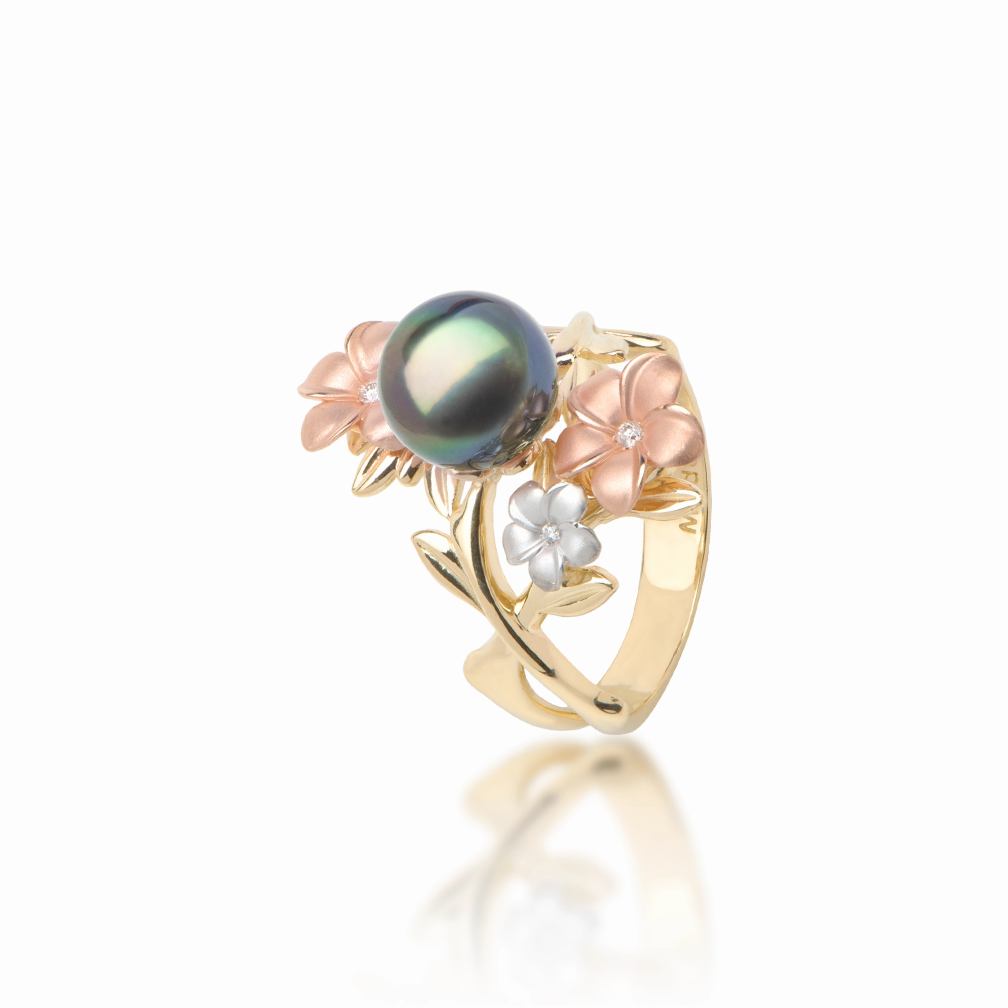 Unique Shape Pearls in Bloom Plumeria Tahitian Black Pearl Ring in Tri Color Gold with Diamonds - 22mm