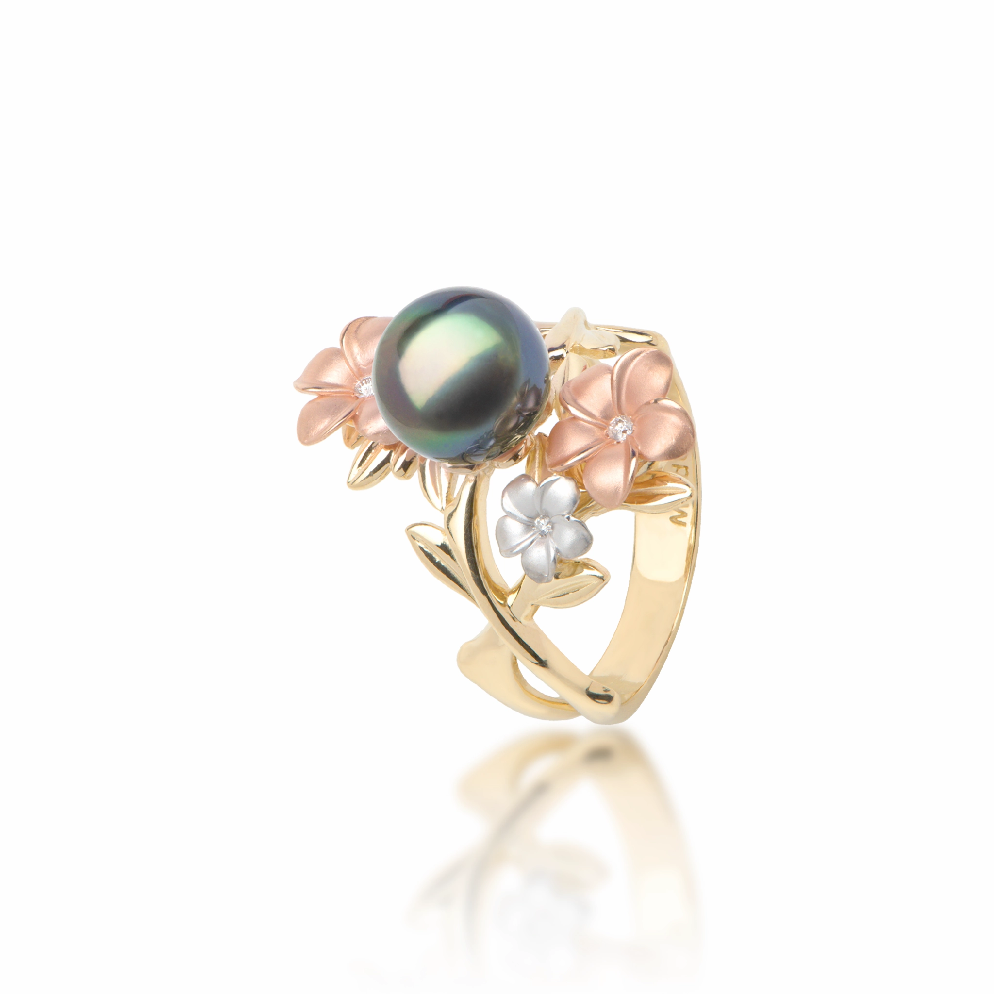 Pearls in Bloom Plumeria Tahitian Black Pearl Ring in Tri Color Gold with Diamonds - 22mm Charming Jewelry Design