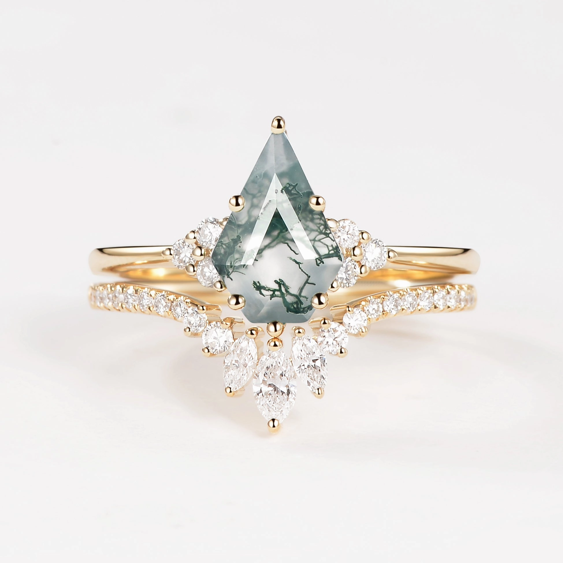 Pentagon Kite Cut Unique Moss Agate Engagement Ring Set 2pcs - Lydia Luxury Charm