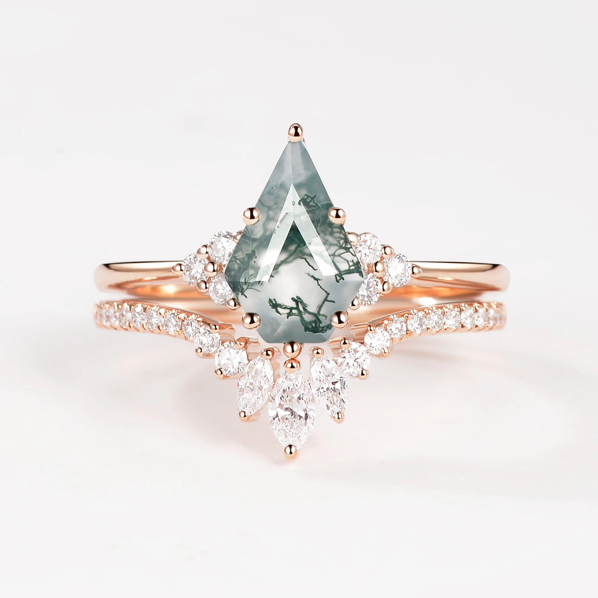 All Style Pentagon Kite Cut Unique Moss Agate Engagement Ring Set 2pcs - Lydia