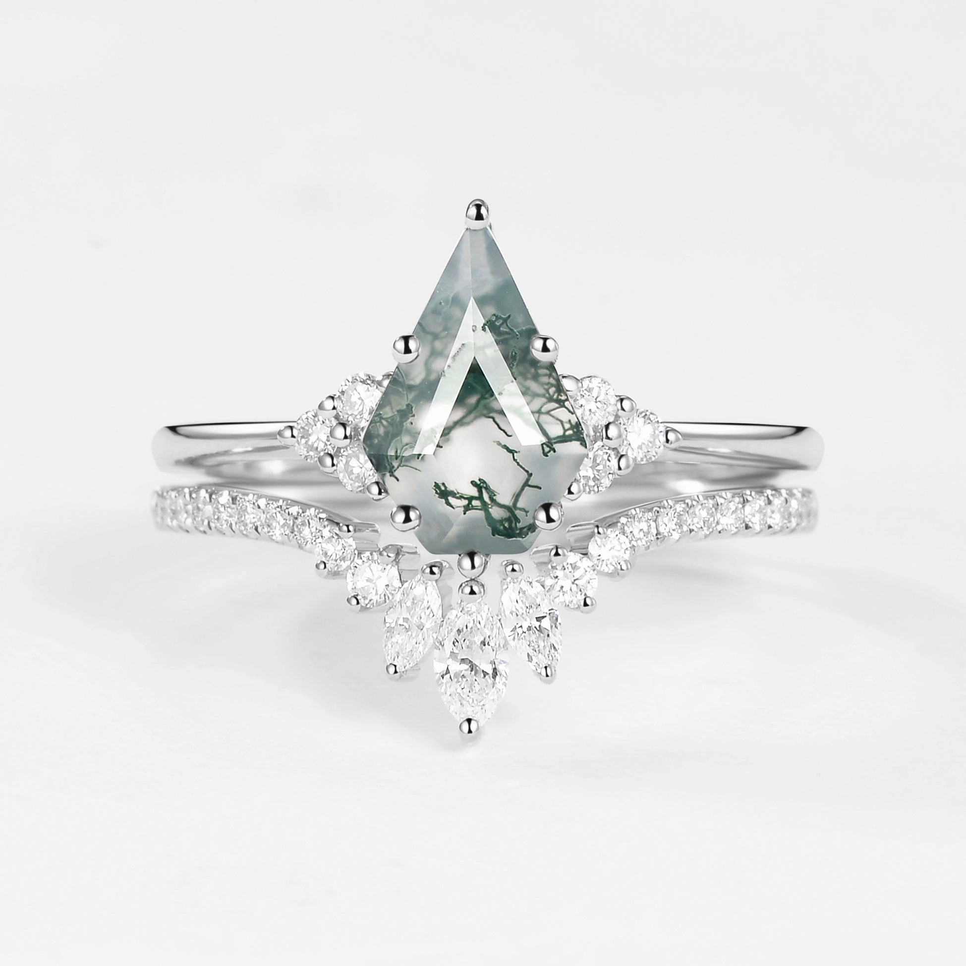 Artistic Trinket Pentagon Kite Cut Unique Moss Agate Engagement Ring Set 2pcs - Lydia