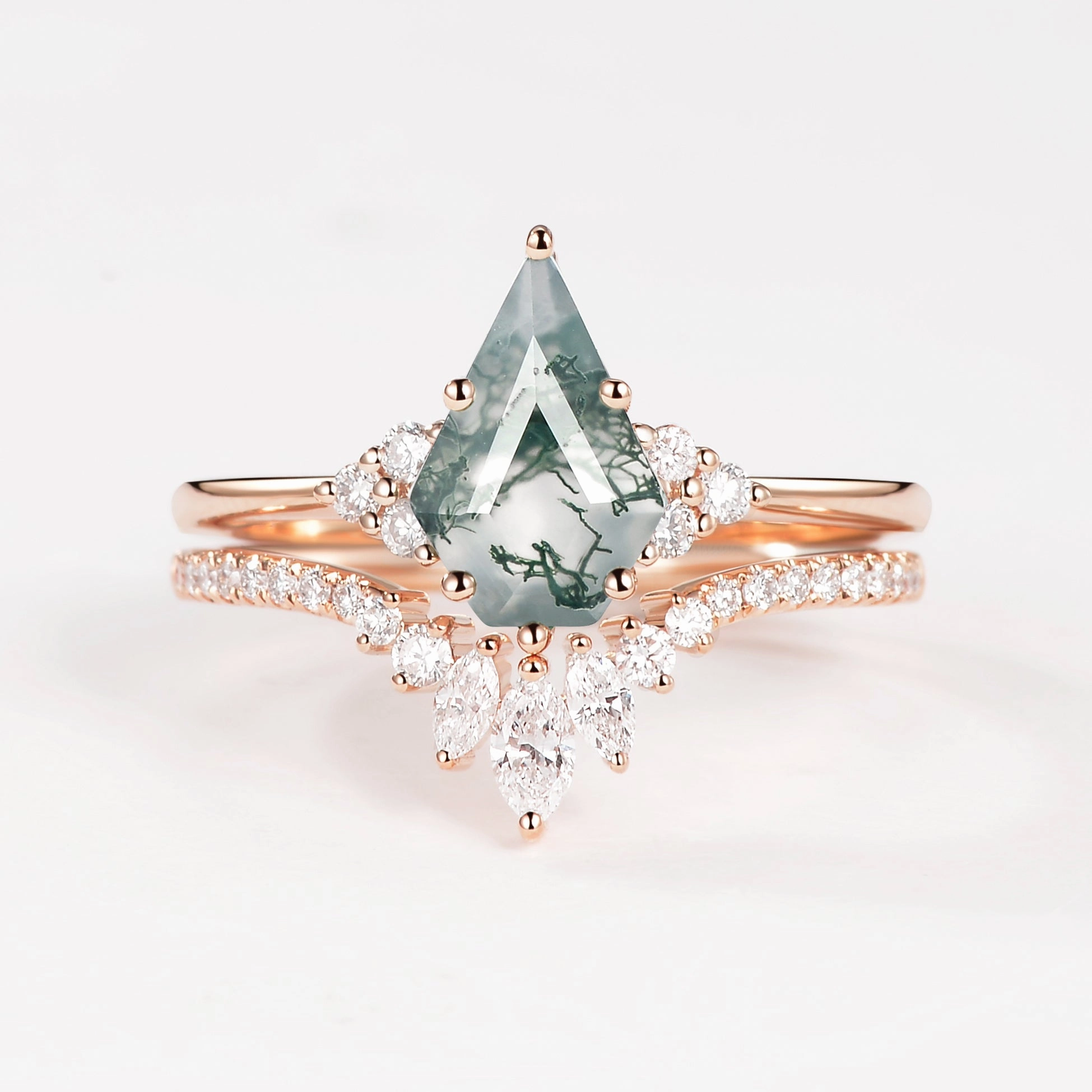 Pentagon Kite Cut Unique Moss Agate Engagement Ring Set 2pcs - Lydia Special Accent