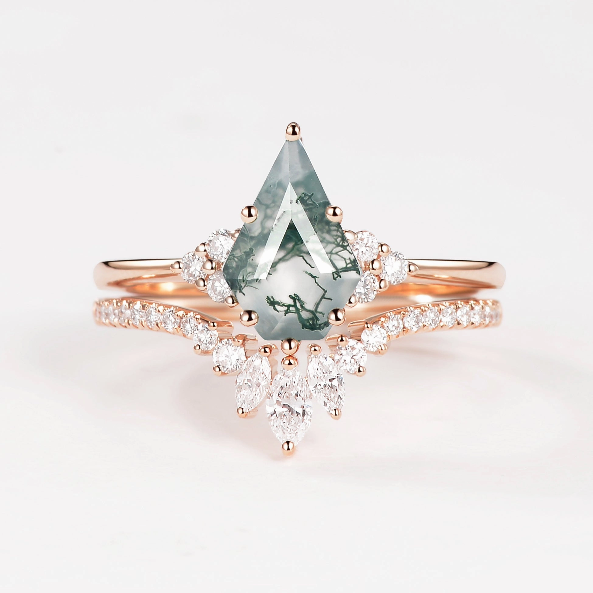 Pentagon Kite Cut Unique Moss Agate Engagement Ring Set 2pcs - Lydia High-End Decoration Party fashion