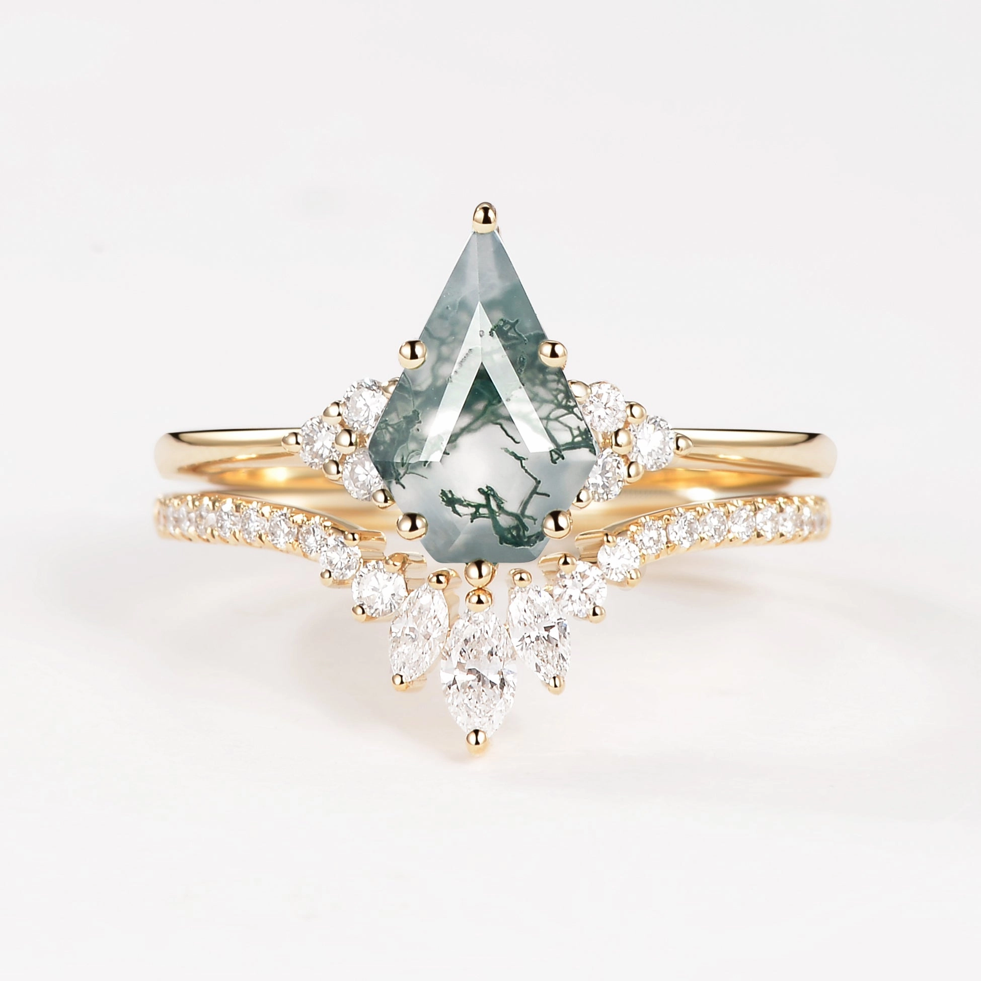 Timeless Balance Pentagon Kite Cut Unique Moss Agate Engagement Ring Set 2pcs - Lydia
