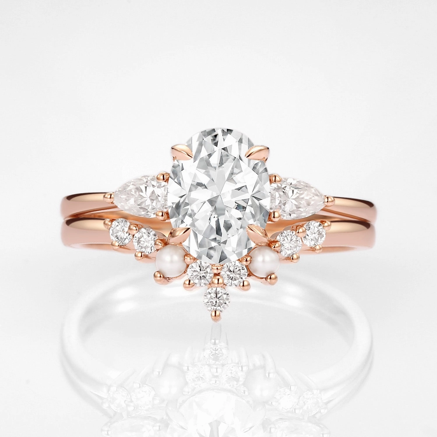 Handcrafted Form Refined Fashion Oval Cut Moissanite & Pearl Vintage Ring Set 2pcs - Nancy