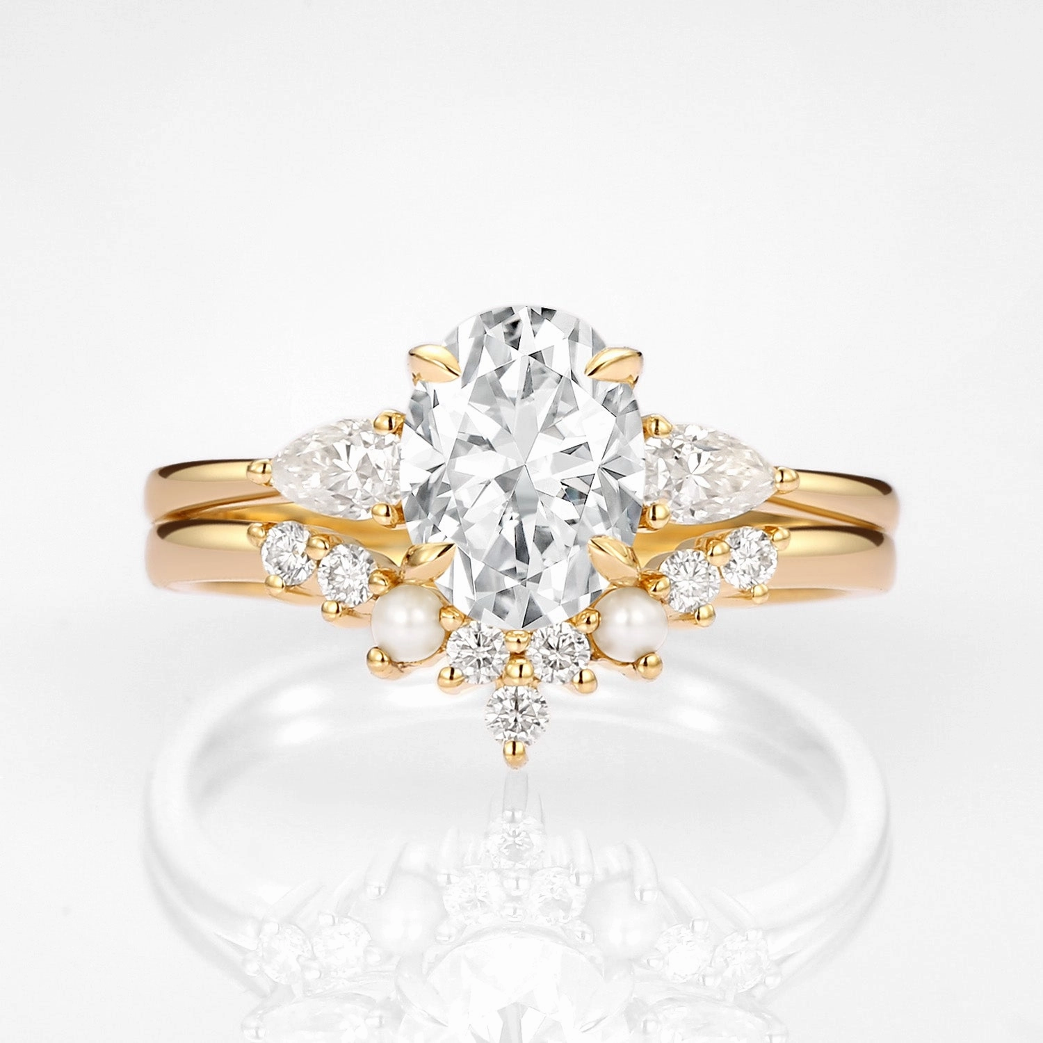 Oval Cut Moissanite & Pearl Vintage Ring Set 2pcs - Nancy Groomsmen Gift