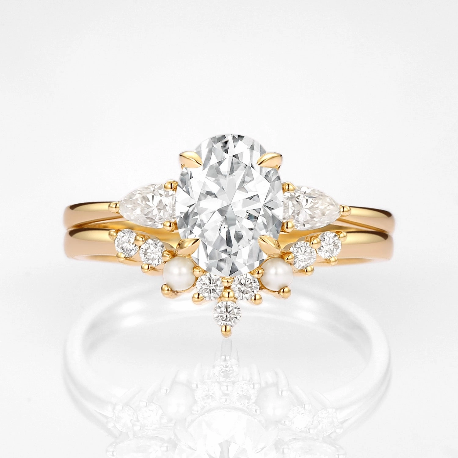 Romantic Layer Oval Cut Moissanite & Pearl Vintage Ring Set 2pcs - Nancy