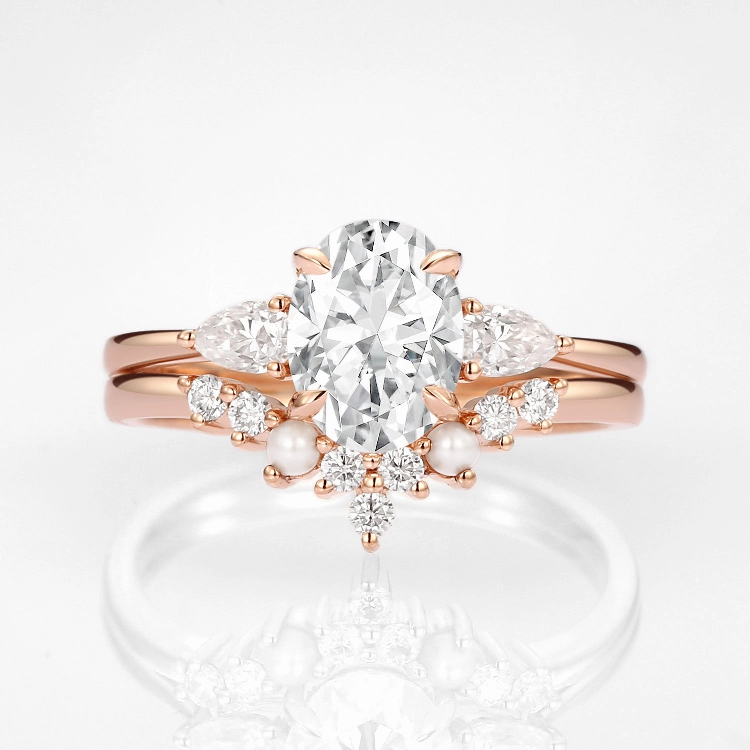 Oval Cut Moissanite & Pearl Vintage Ring Set 2pcs - Nancy Lightweight Craft Superior Item