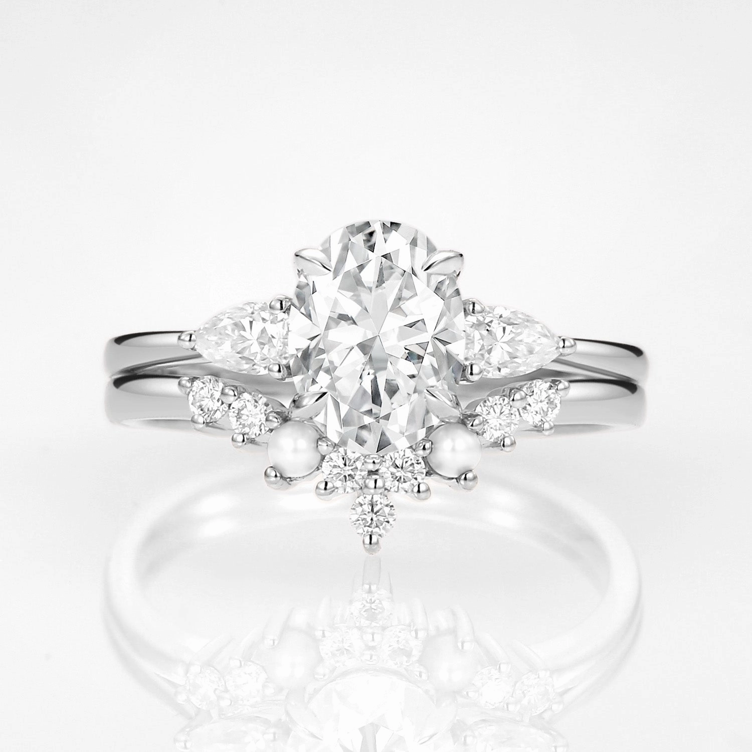 Oval Cut Moissanite & Pearl Vintage Ring Set 2pcs - Nancy youth appeal Captivating Touch