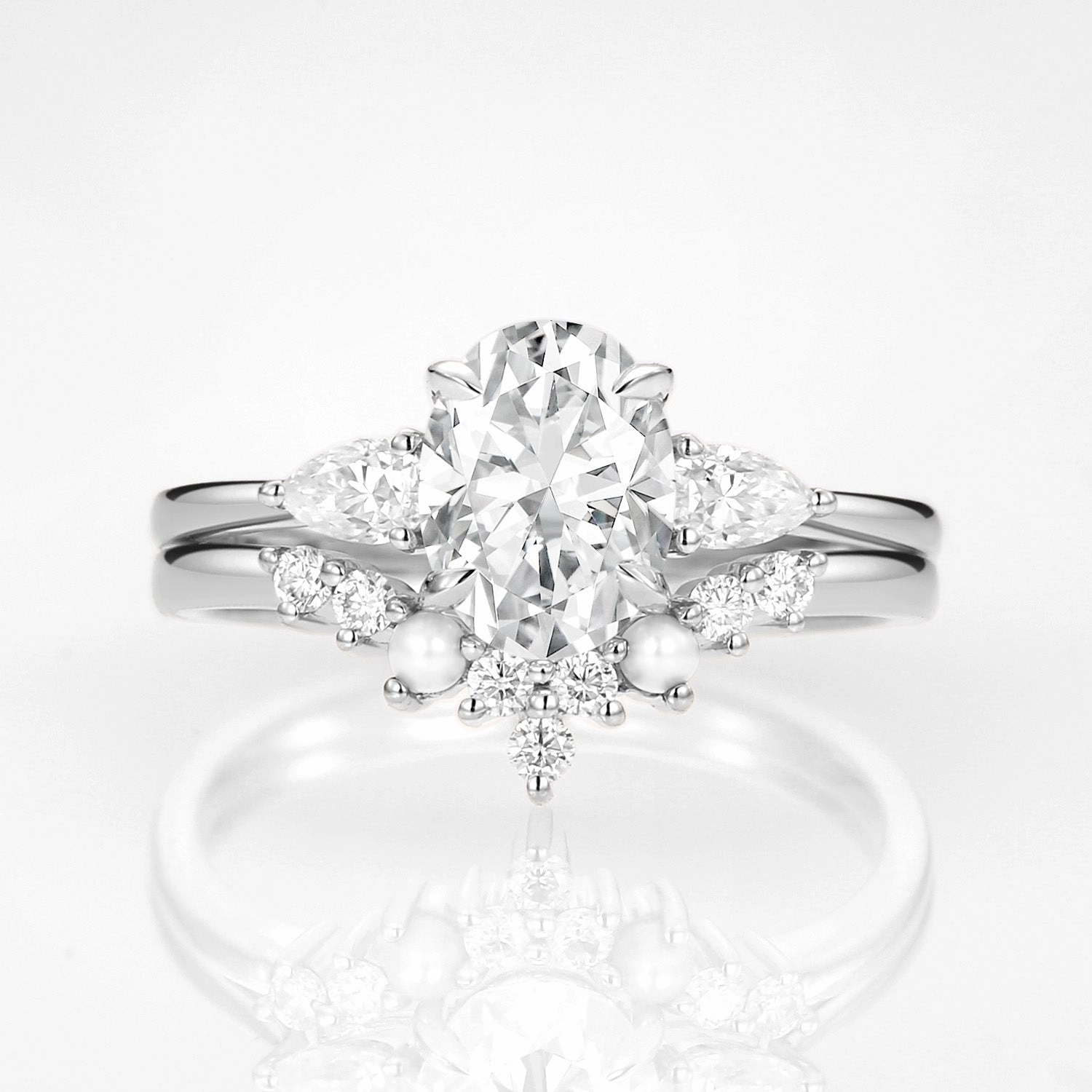 Polished Geometry Classic Embellishment Oval Cut Moissanite & Pearl Vintage Ring Set 2pcs - Nancy
