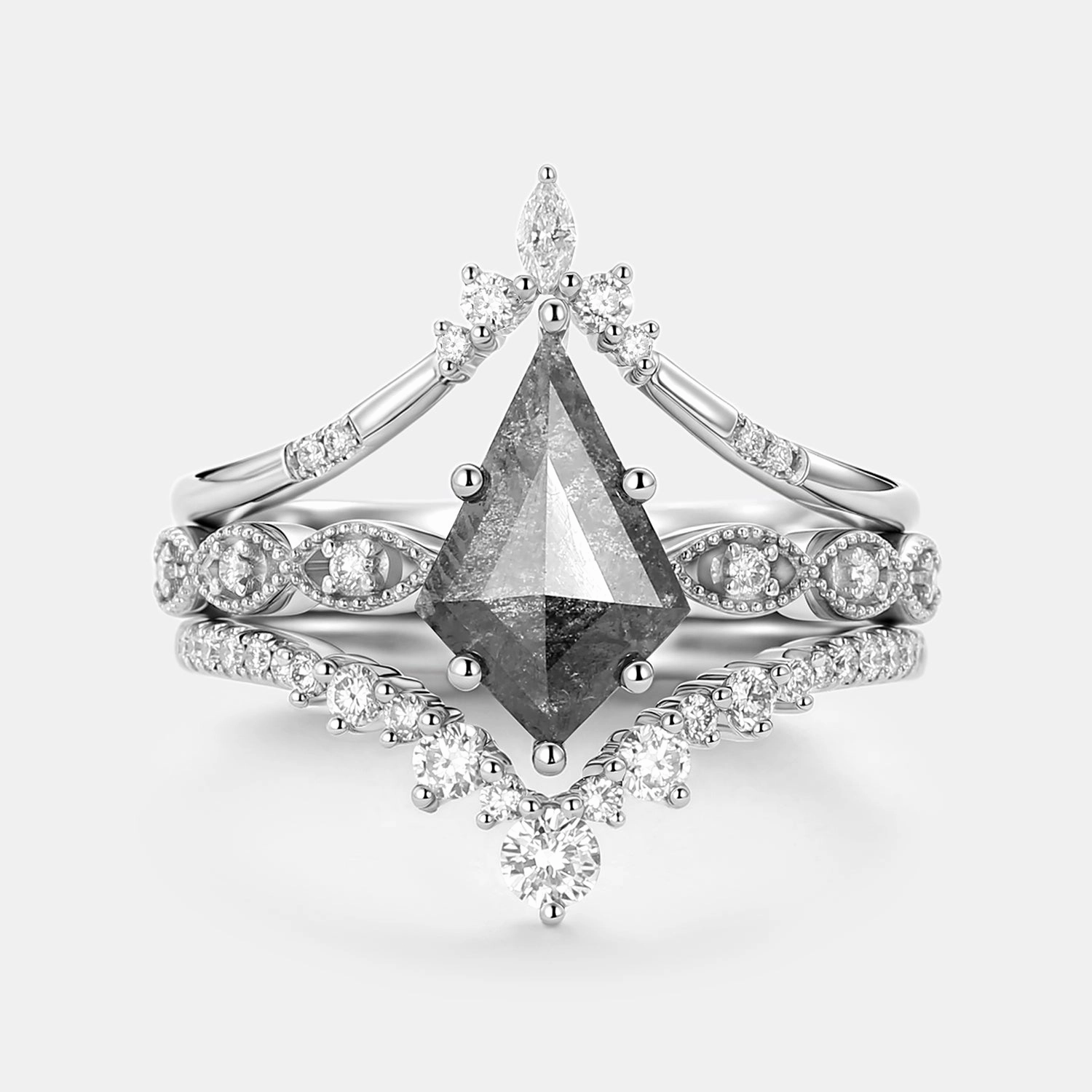 Lightweight Look Vintage Kite Cut Salt and Pepper Diamonds Ring Set 3pcs