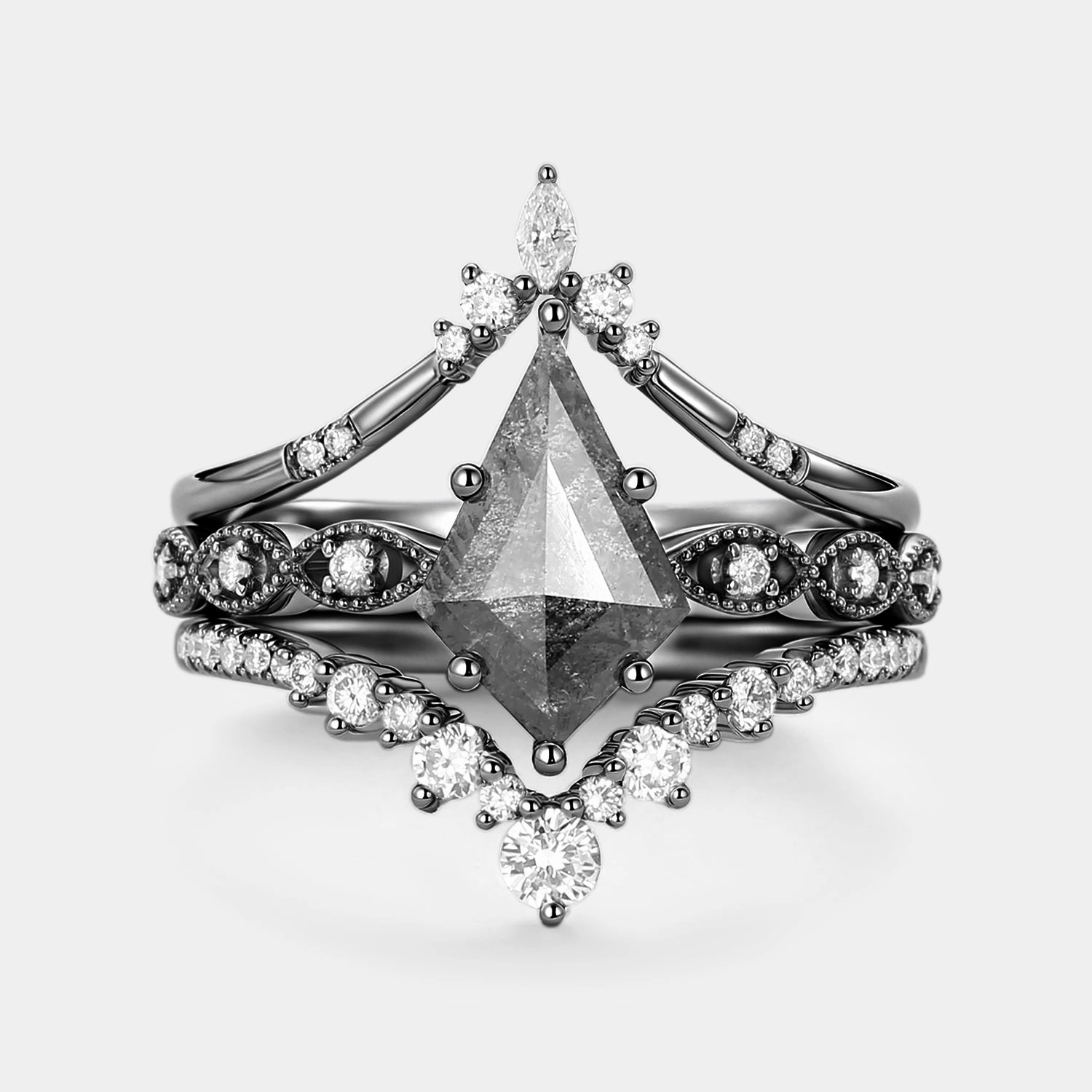 Elegant Style Vintage Kite Cut Salt and Pepper Diamonds Ring Set 3pcs