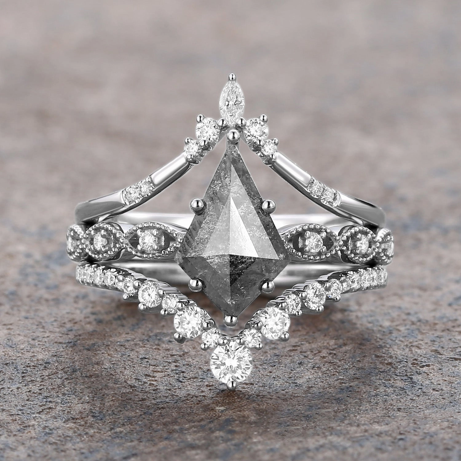 Vintage Kite Cut Salt and Pepper Diamonds Ring Set 3pcs Modern Application Timeless Piece
