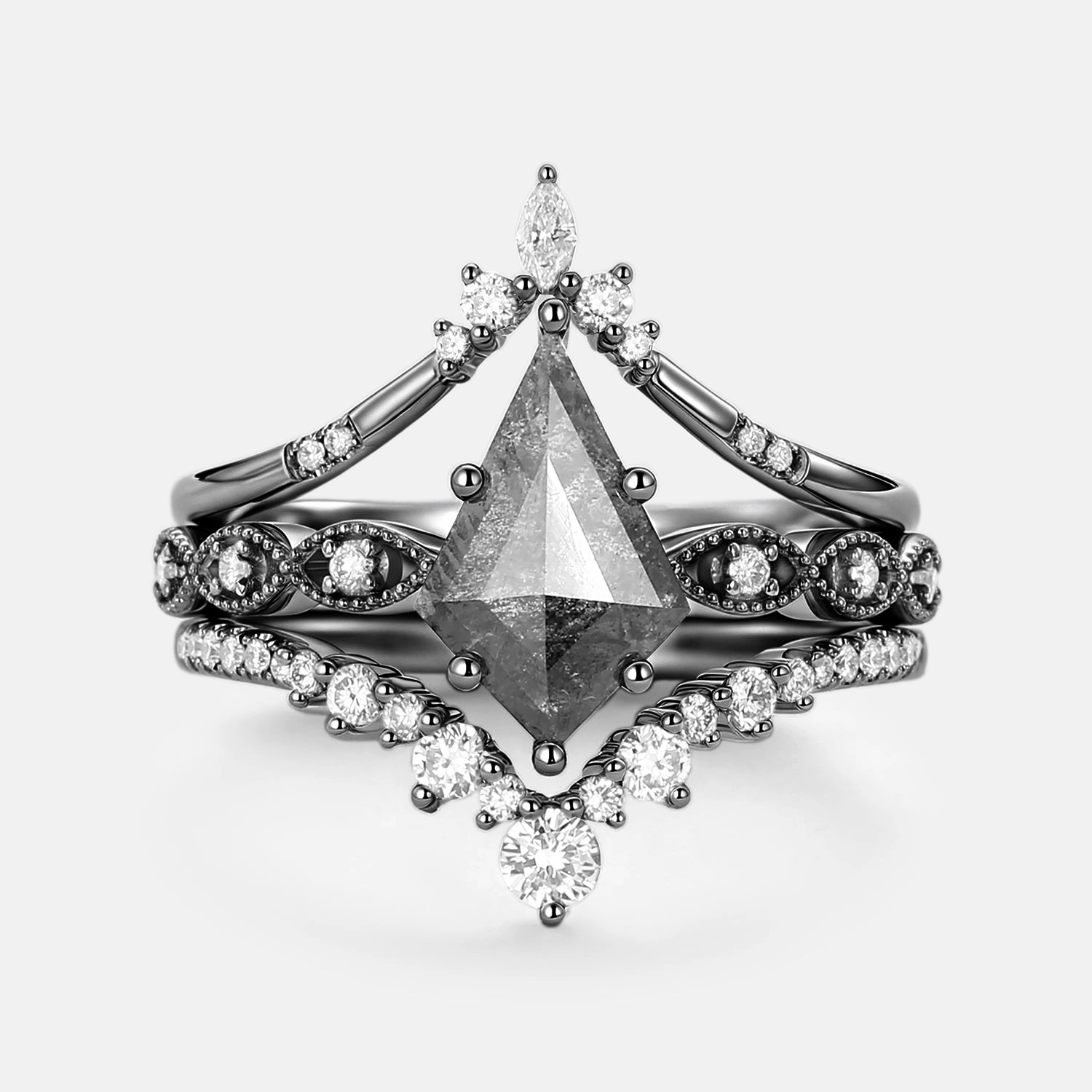 Brunch Date Vintage Kite Cut Salt and Pepper Diamonds Ring Set 3pcs