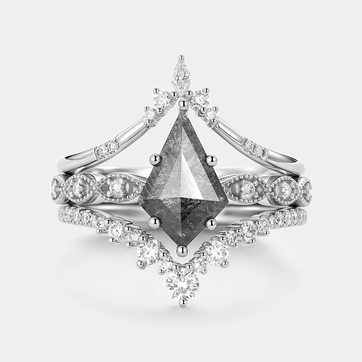 Convenient Design Natural Source Vintage Kite Cut Salt and Pepper Diamonds Ring Set 3pcs