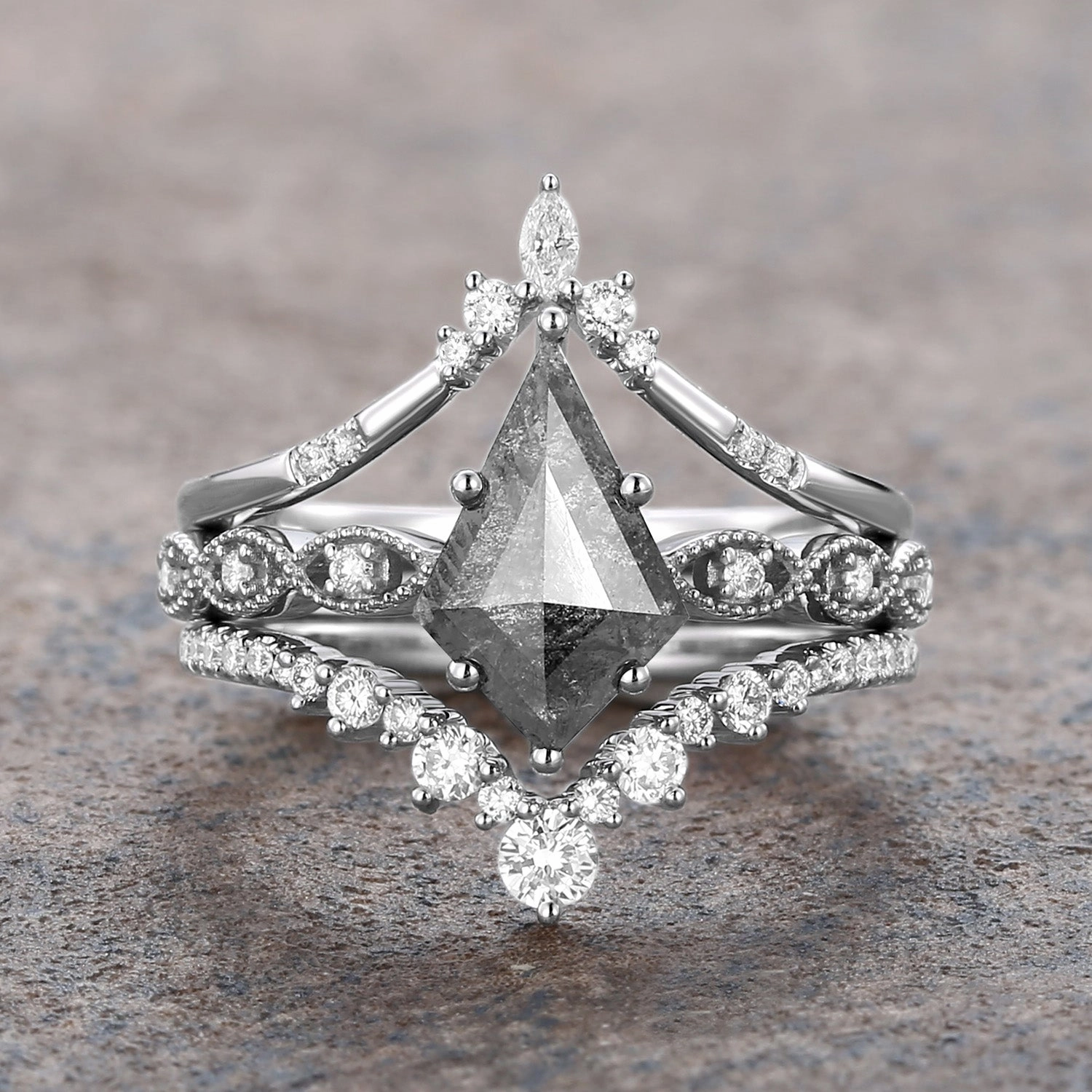 Vintage Kite Cut Salt and Pepper Diamonds Ring Set 3pcs Bold Shine Polished Design