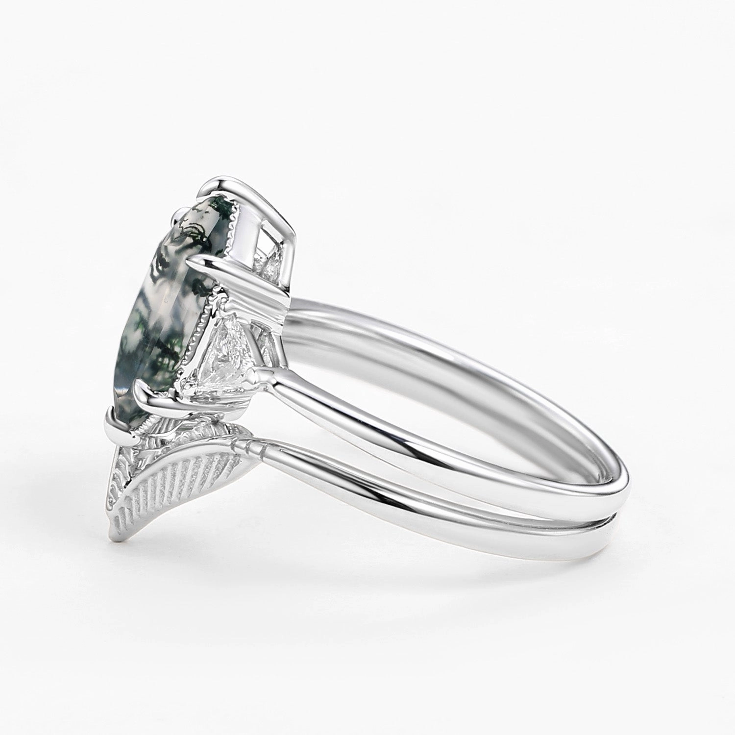 Bold Ornament Custom Style Long Hexagon Big Moss Agate Coconut Tree Leafy Ring Set 2pcs - Ariel