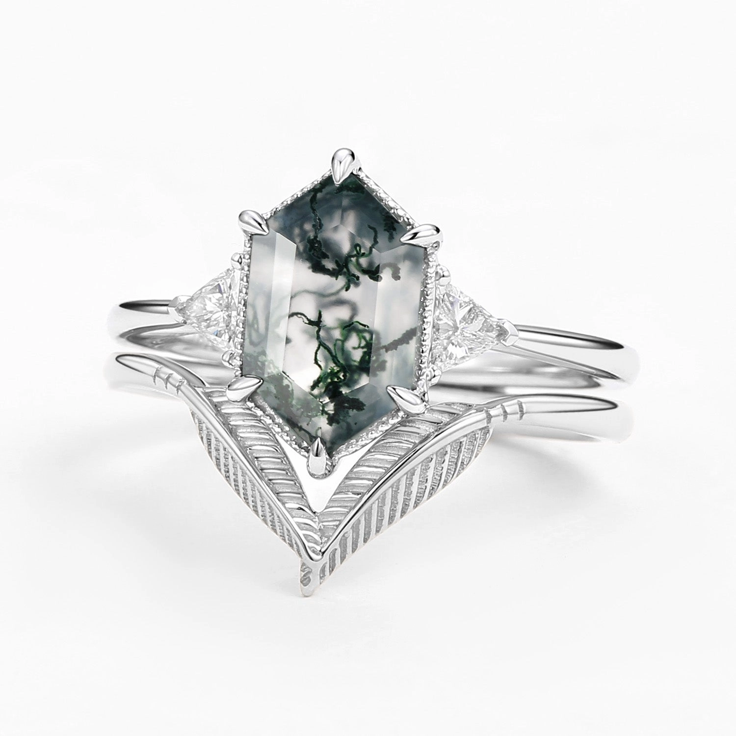 Long Hexagon Big Moss Agate Coconut Tree Leafy Ring Set 2pcs - Ariel Quality Art Cherished Accent