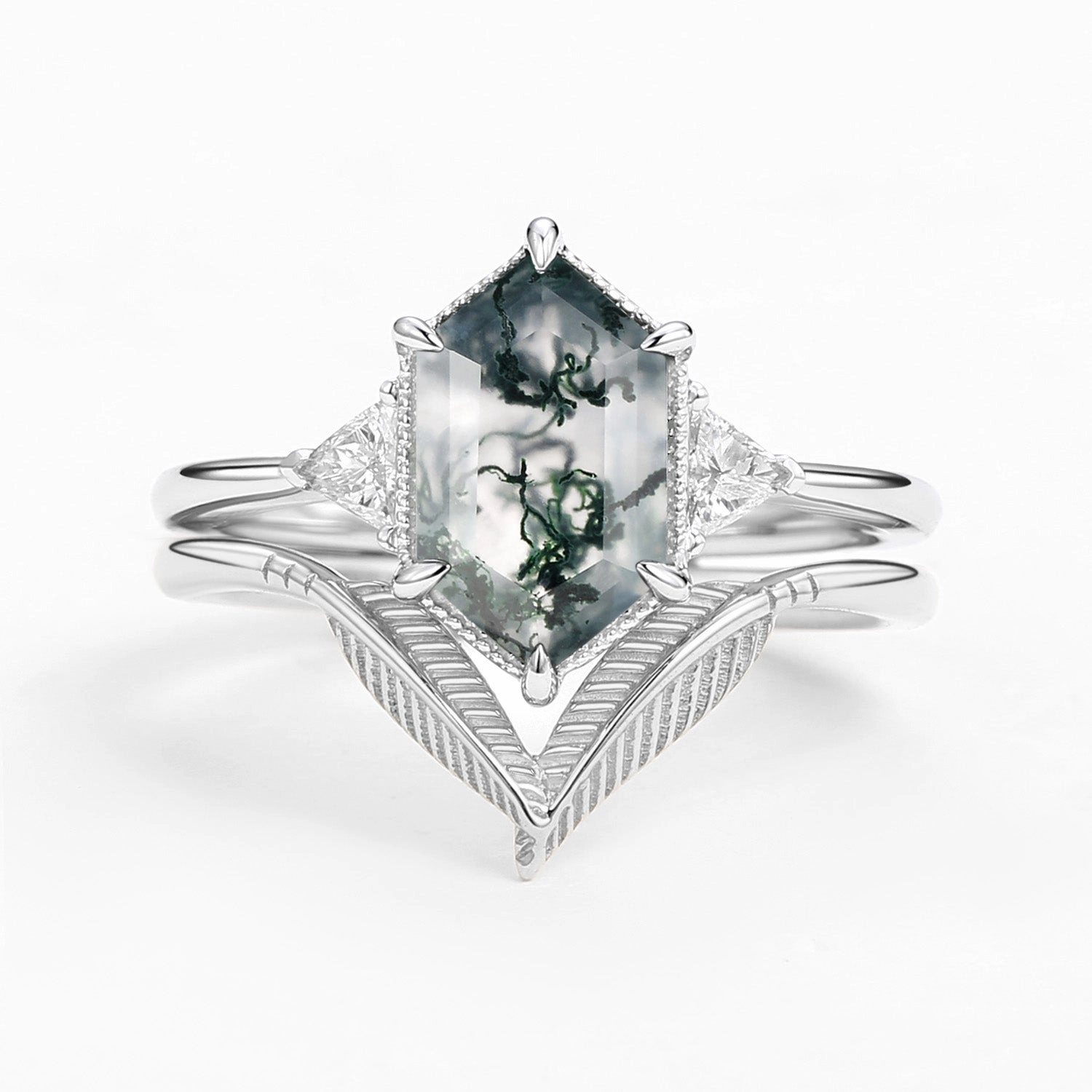 Long Hexagon Big Moss Agate Coconut Tree Leafy Ring Set 2pcs - Ariel Balanced Design