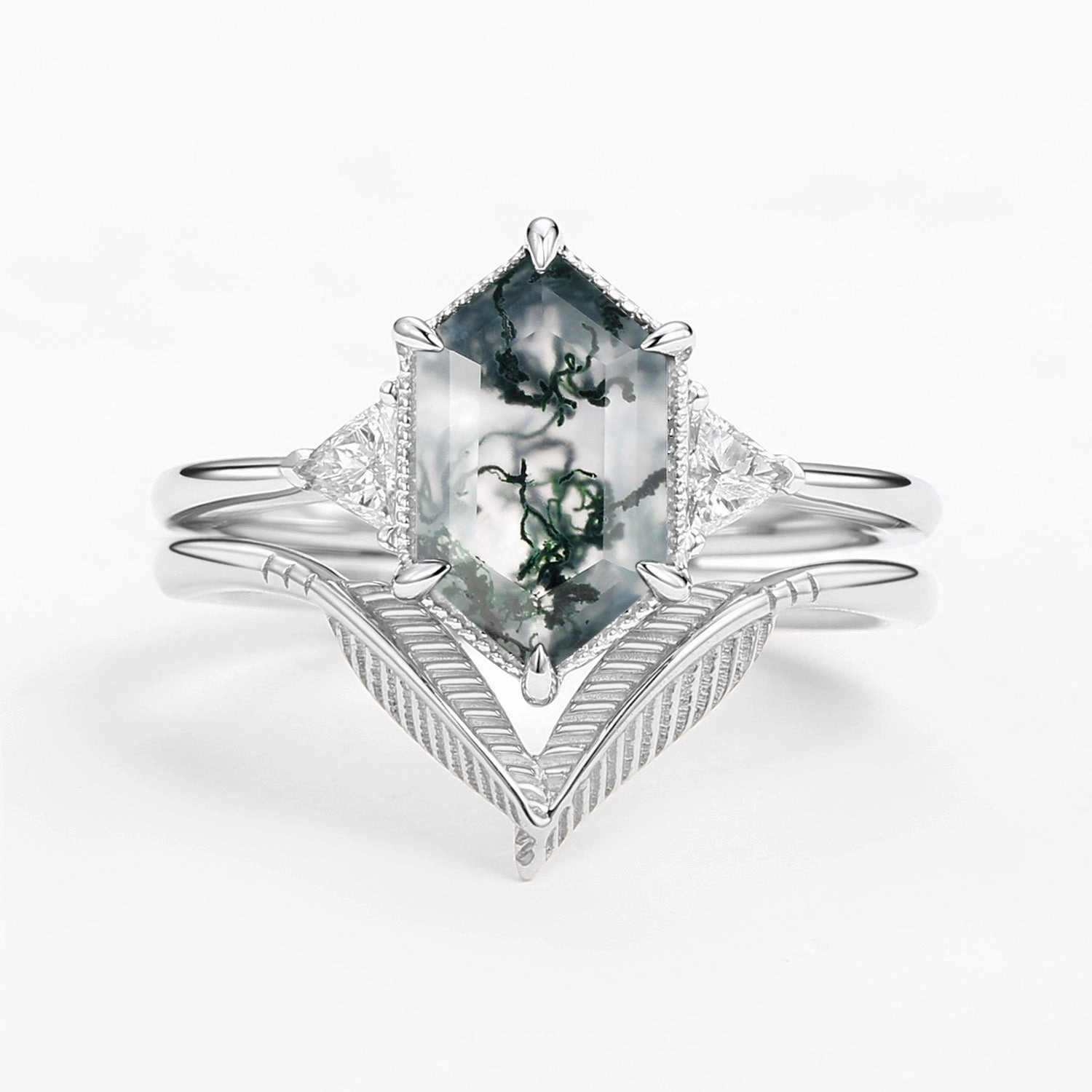 Long Hexagon Big Moss Agate Coconut Tree Leafy Ring Set 2pcs - Ariel Custom Creation Surprise Gift