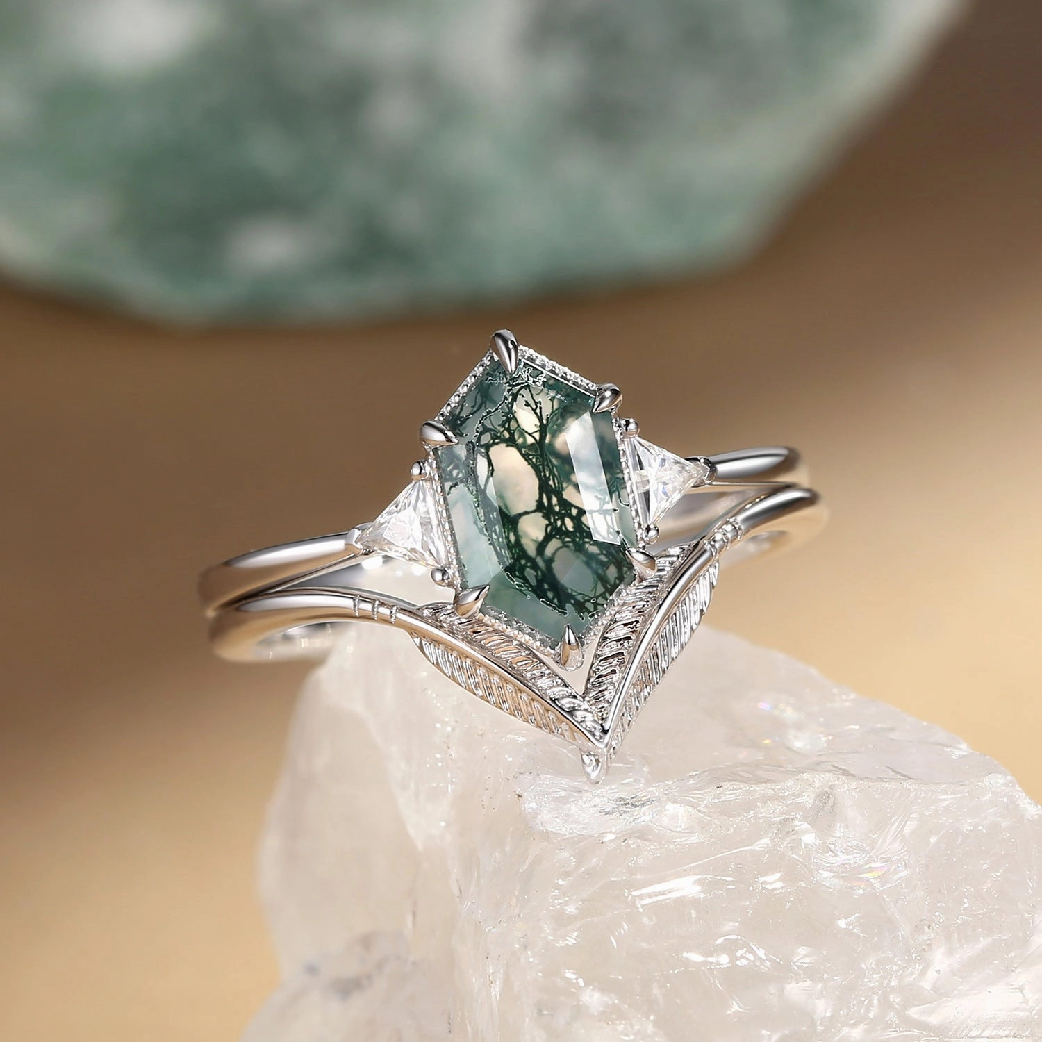 Personal Touch Simple Accent Long Hexagon Big Moss Agate Coconut Tree Leafy Ring Set 2pcs - Ariel