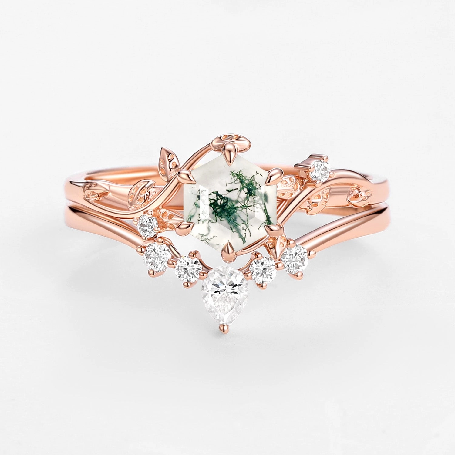 Classic Gift Perfect Hexagon Cut Moss Agate Engagement Ring Set 2pcs - Willow