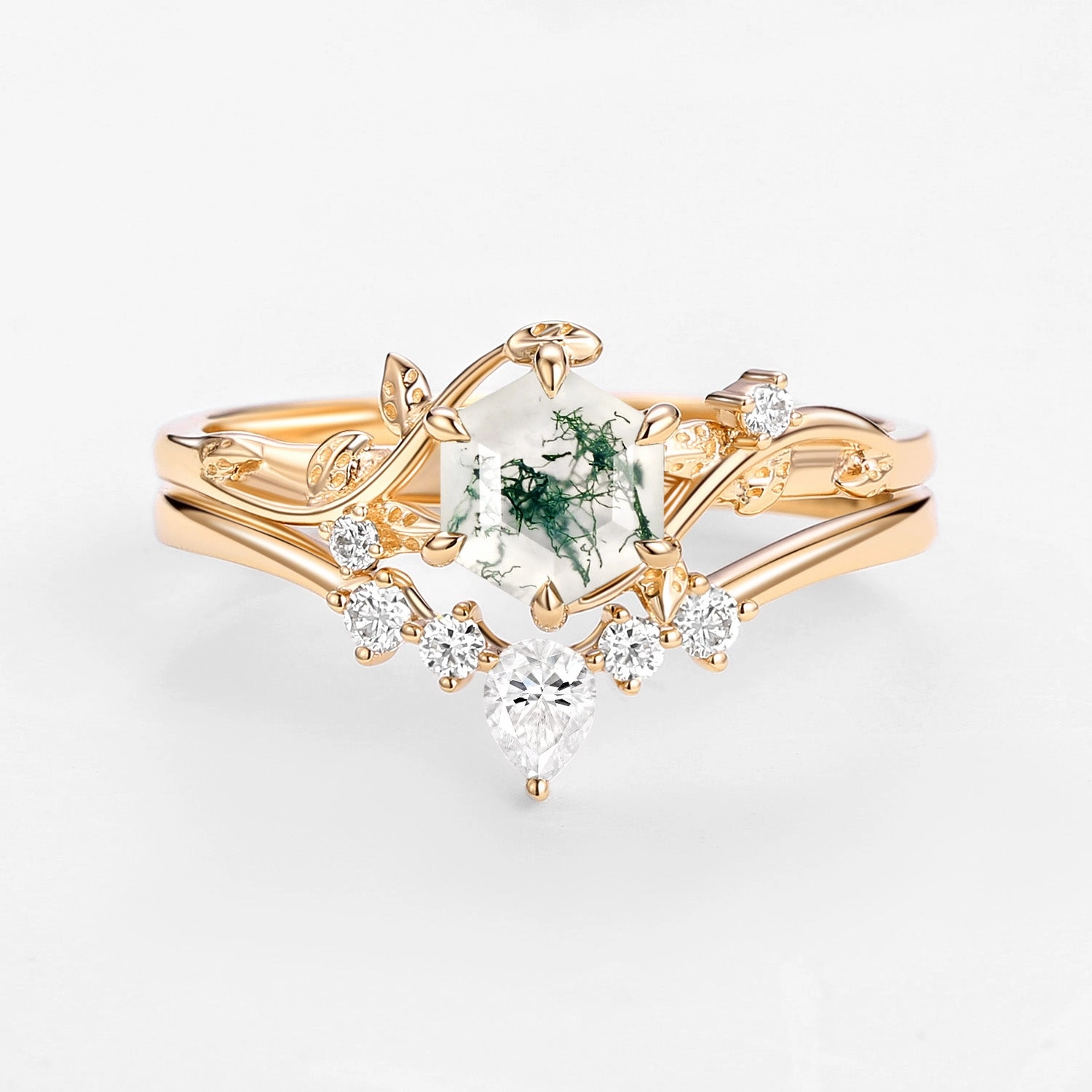 Perfect Hexagon Cut Moss Agate Engagement Ring Set 2pcs - Willow Effortless Fit Pastel Mood