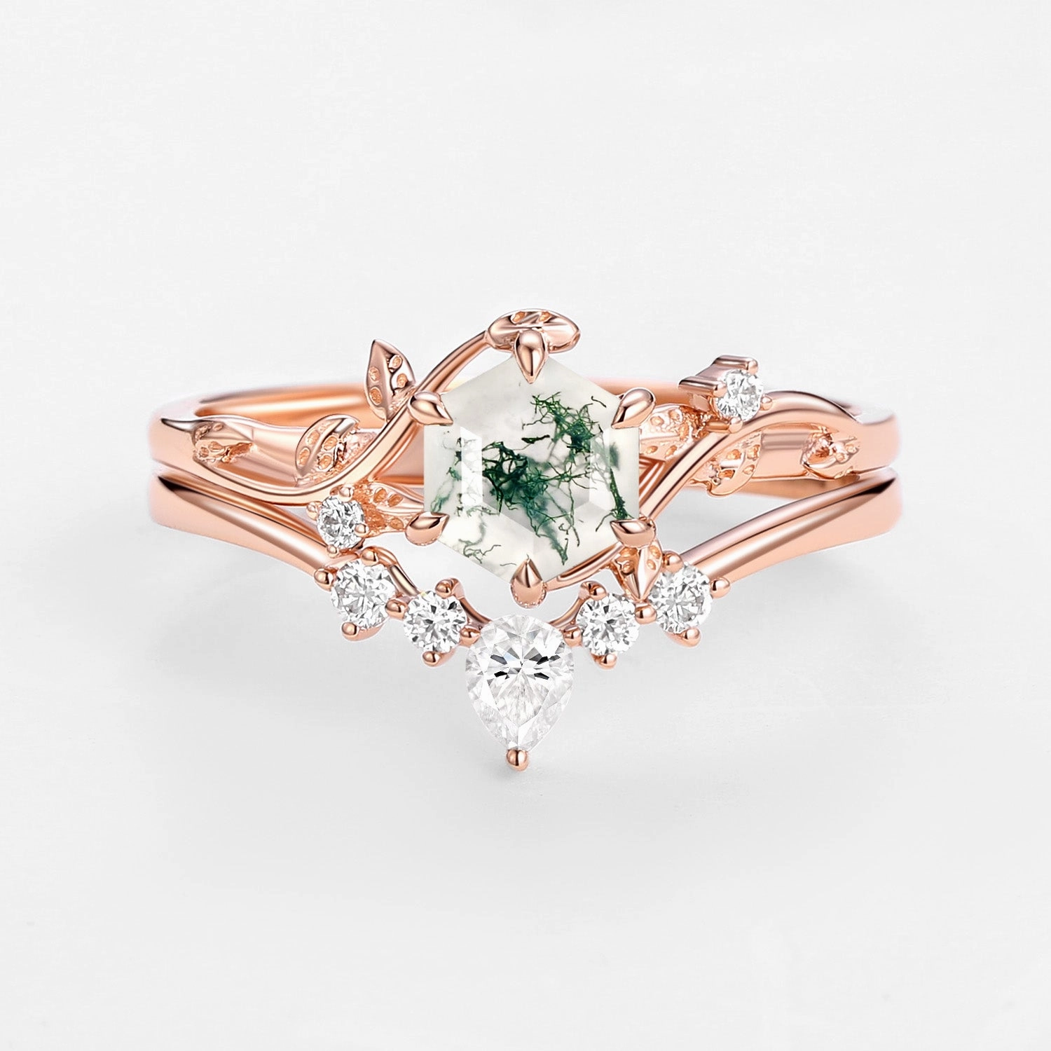 Youthful Glow Color Pop Perfect Hexagon Cut Moss Agate Engagement Ring Set 2pcs - Willow