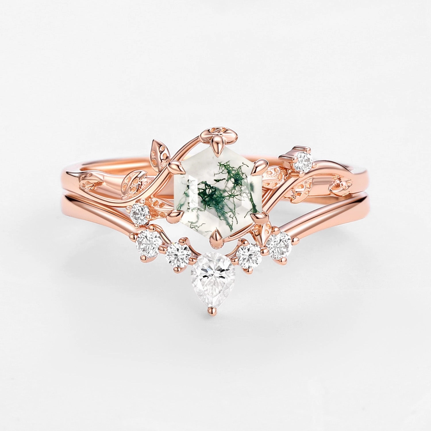 Exclusive Expression Perfect Hexagon Cut Moss Agate Engagement Ring Set 2pcs - Willow