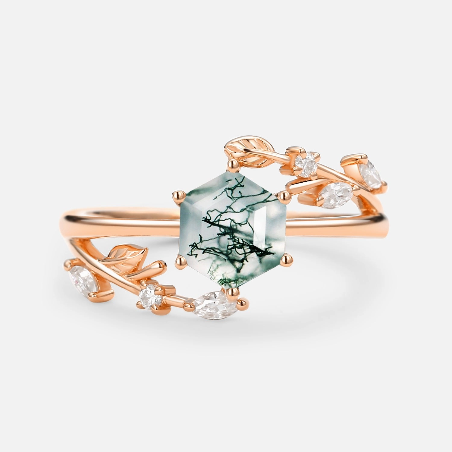 Perfect Hexagon Cut Moss Agate Leafy Engagement Ring Festive Wear Feminine Glow