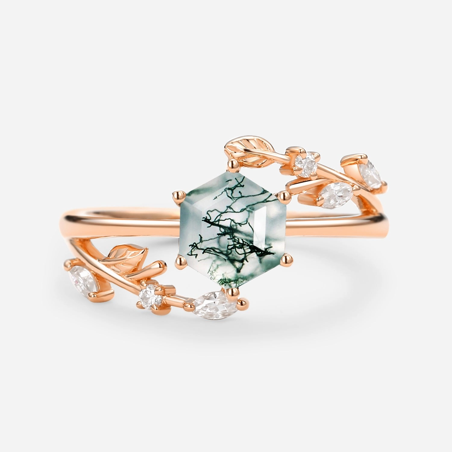 Perfect Hexagon Cut Moss Agate Leafy Engagement Ring Fashion Edit