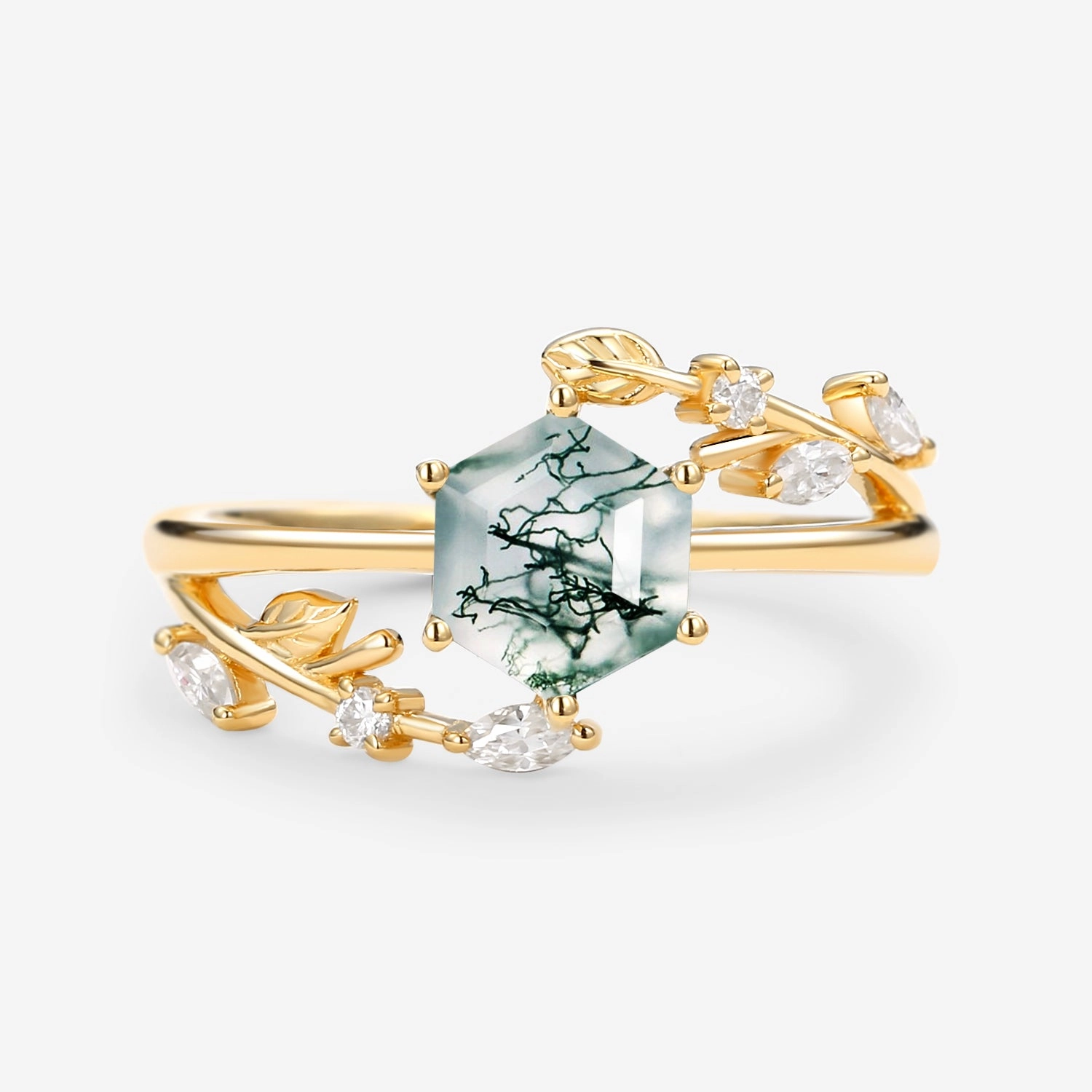 Radiant Jewelry Shine Edgy Mood Perfect Hexagon Cut Moss Agate Leafy Engagement Ring