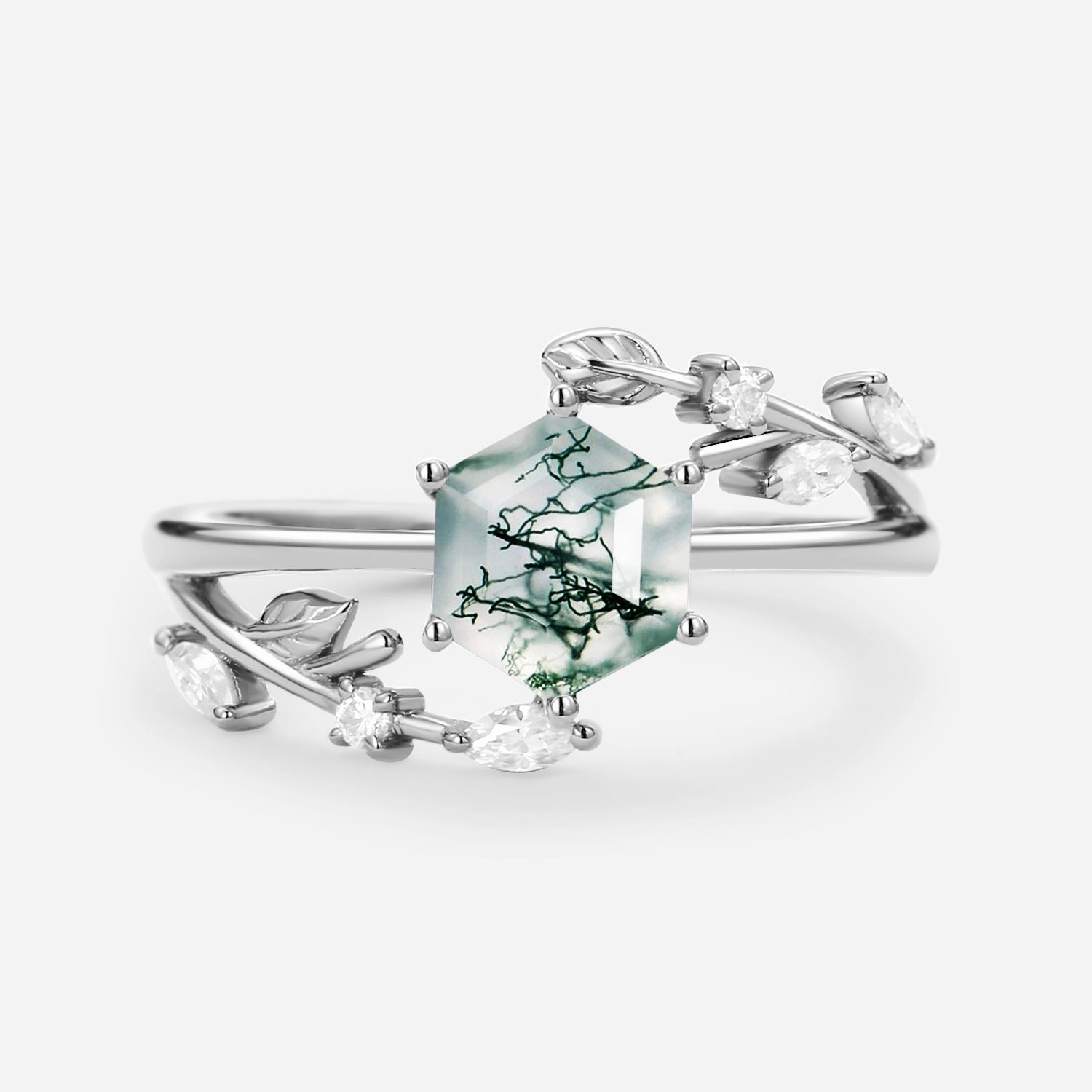 Light Detail Perfect Hexagon Cut Moss Agate Leafy Engagement Ring