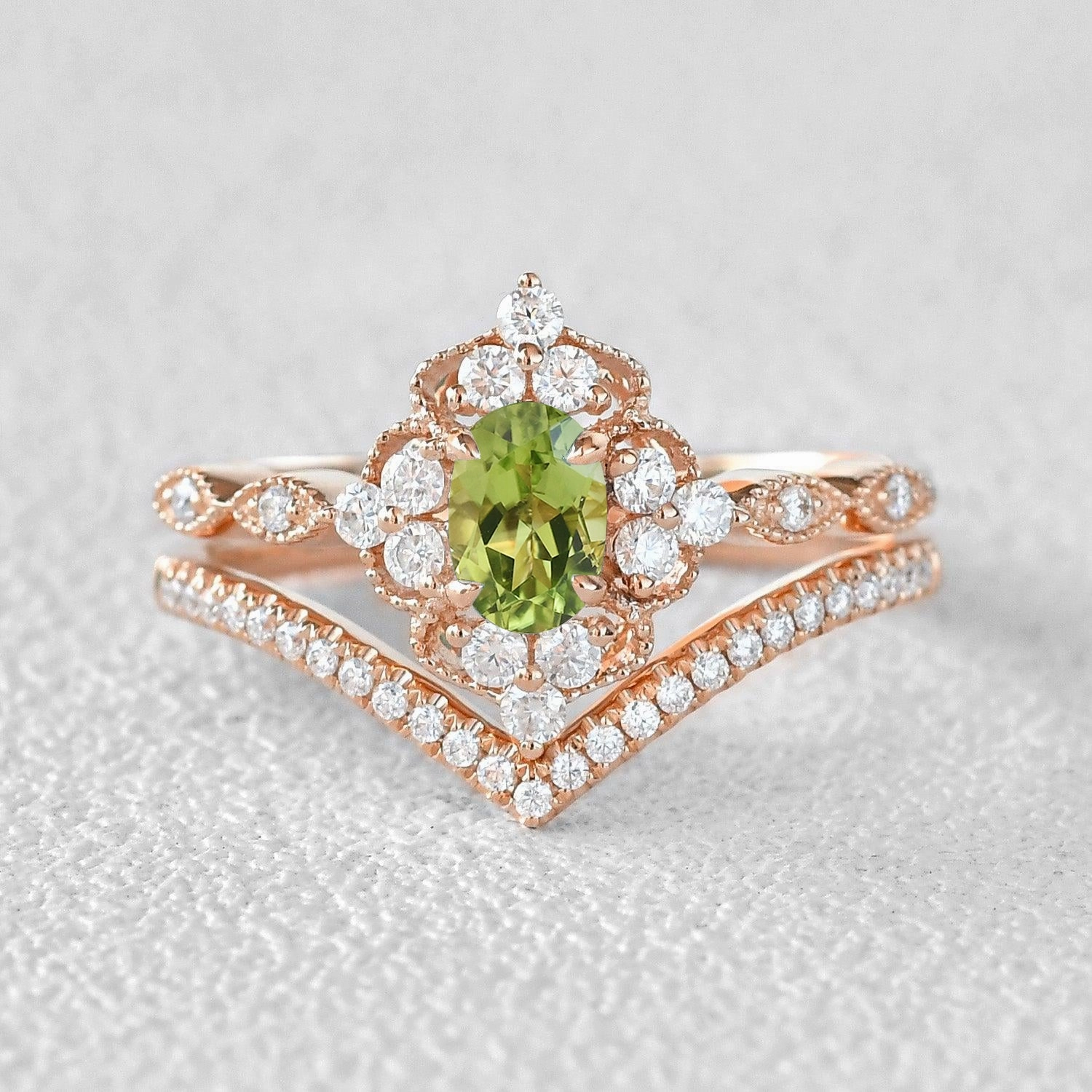 Peridot & Moissanite Vintage Inspired Ring Set 2pcs Artisan Touch Special Care