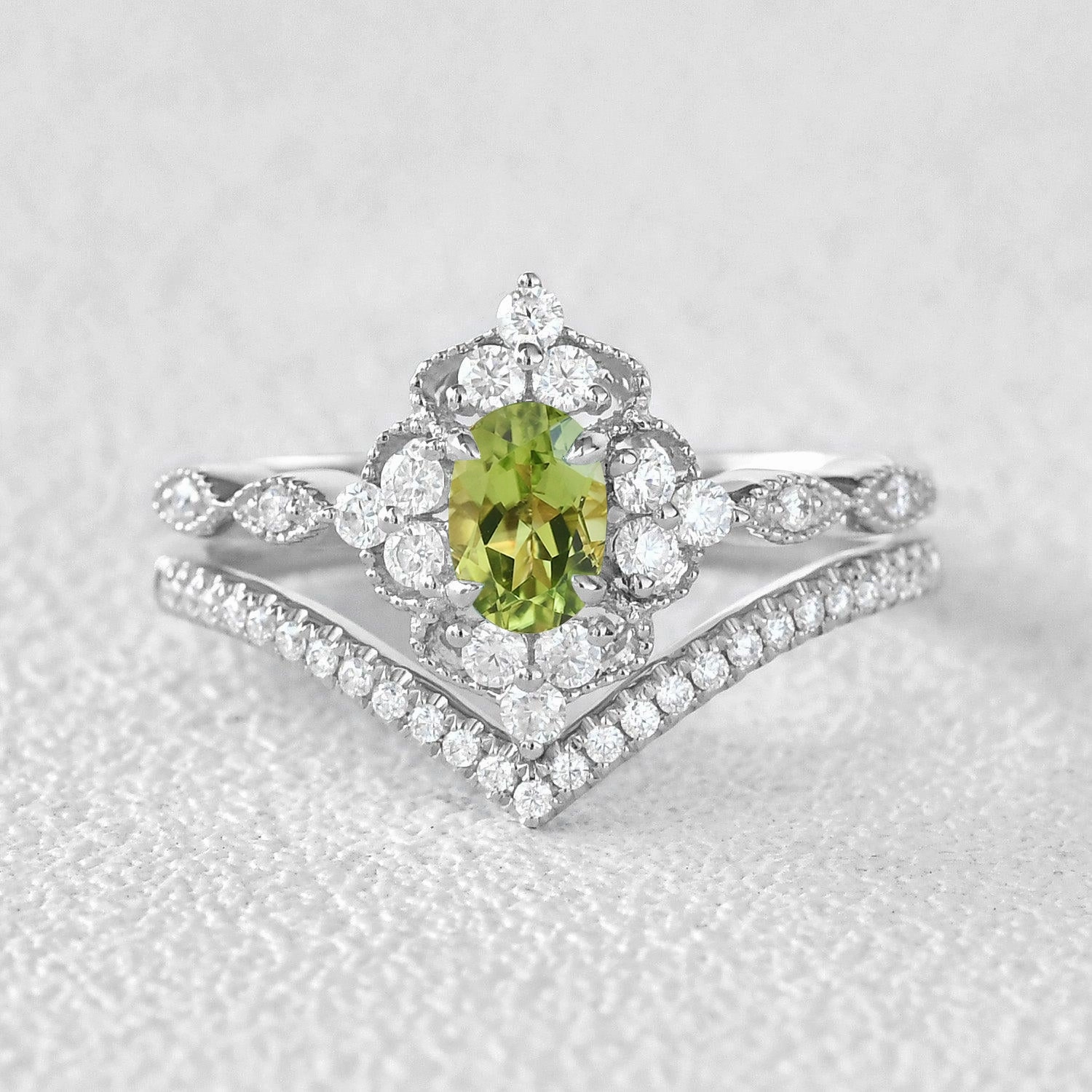 Peridot & Moissanite Vintage Inspired Ring Set 2pcs Fashion Set Office Accent